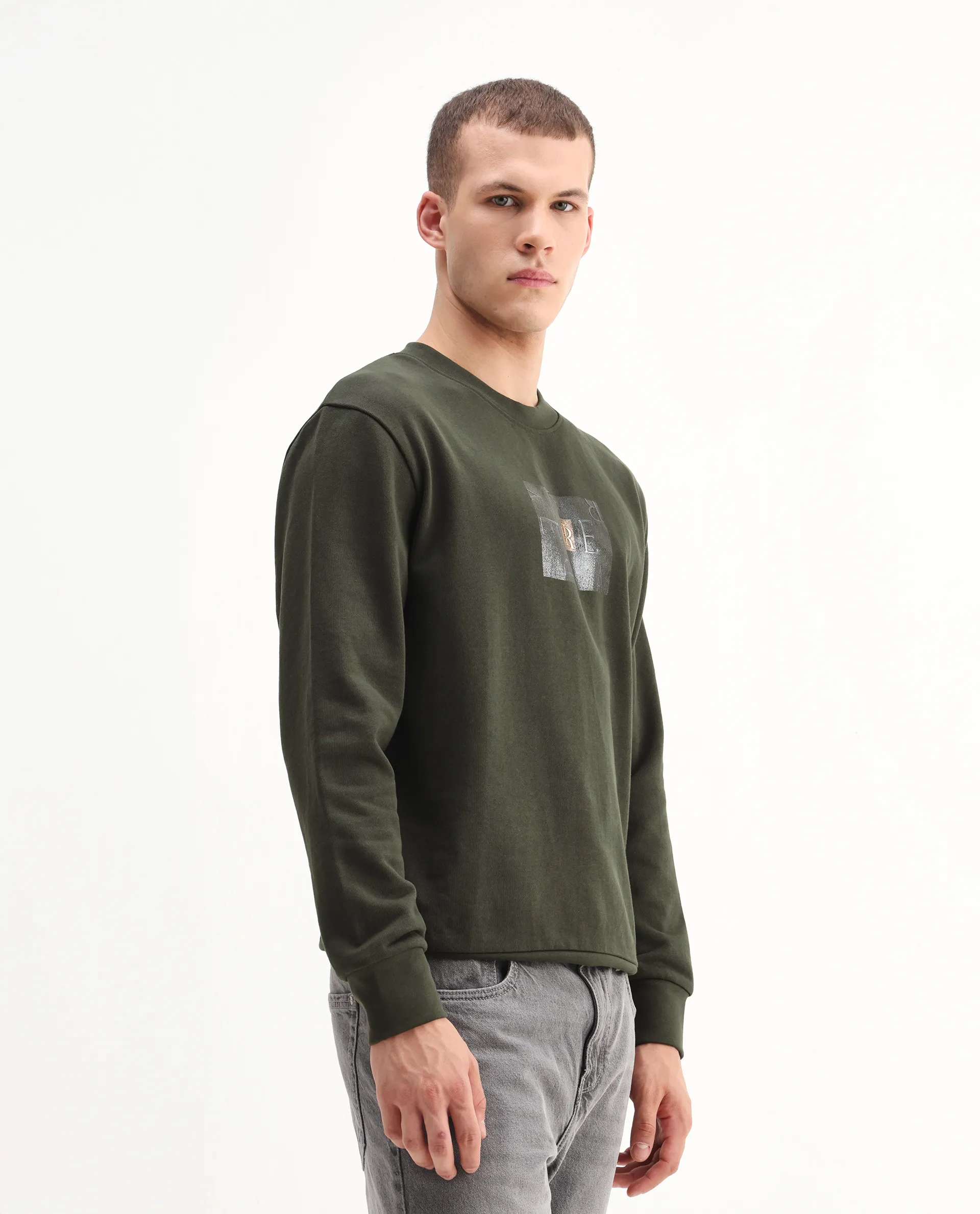 Rare Rabbit Men's Arion Dark Olive Rayon Blend Hd Print Relaxed Fit Full Sleeve Crew Neck Sweatshirt - Image 6