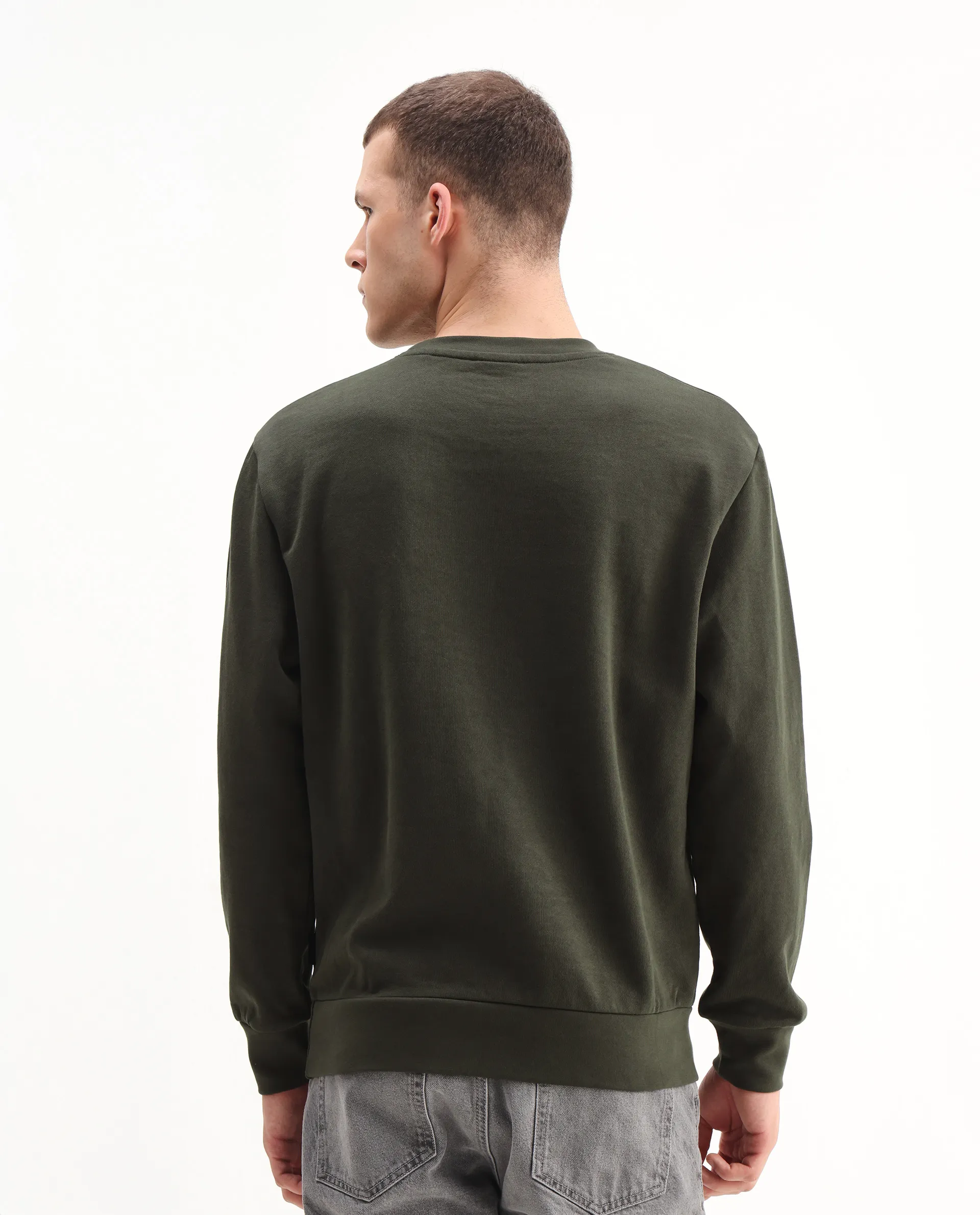 Rare Rabbit Men's Arion Dark Olive Rayon Blend Hd Print Relaxed Fit Full Sleeve Crew Neck Sweatshirt - Image 7