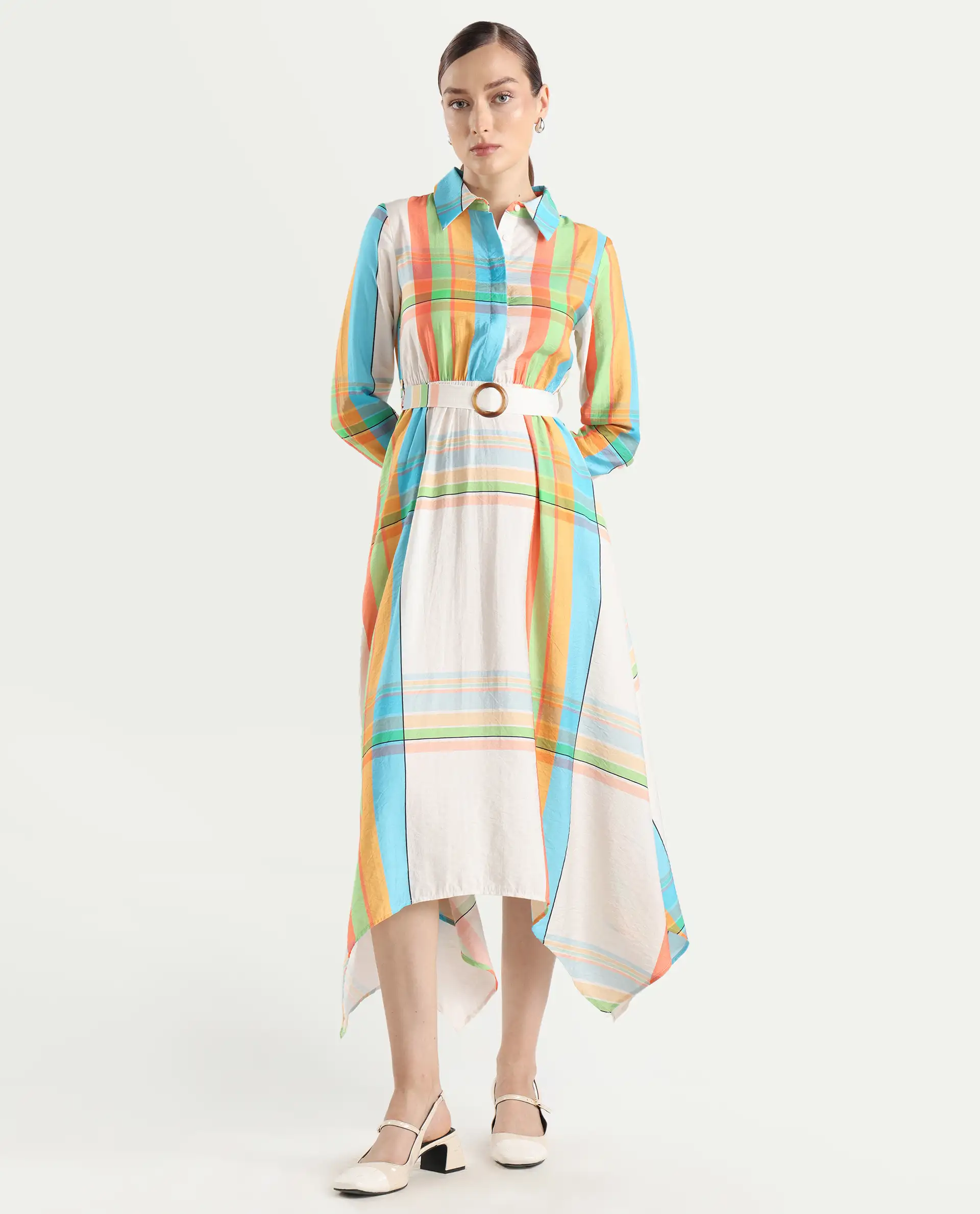 Rareism Women's Ariska Multi Cotton Blend Drop Collar Flannel Print Cuffed Sleeve Maxi Fit And Flare Dress - Image 2
