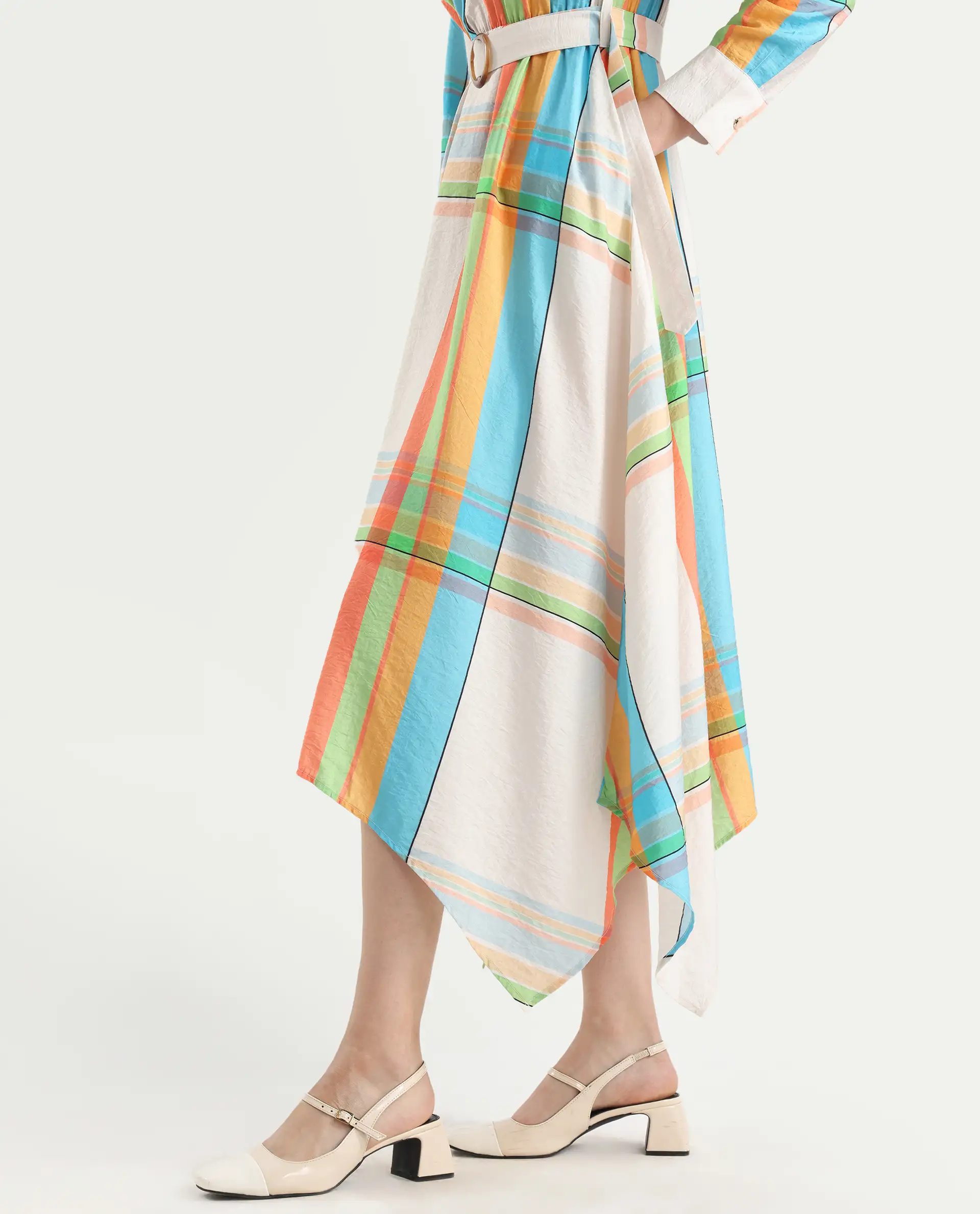 Rareism Women's Ariska Multi Cotton Blend Drop Collar Flannel Print Cuffed Sleeve Maxi Fit And Flare Dress - Image 3