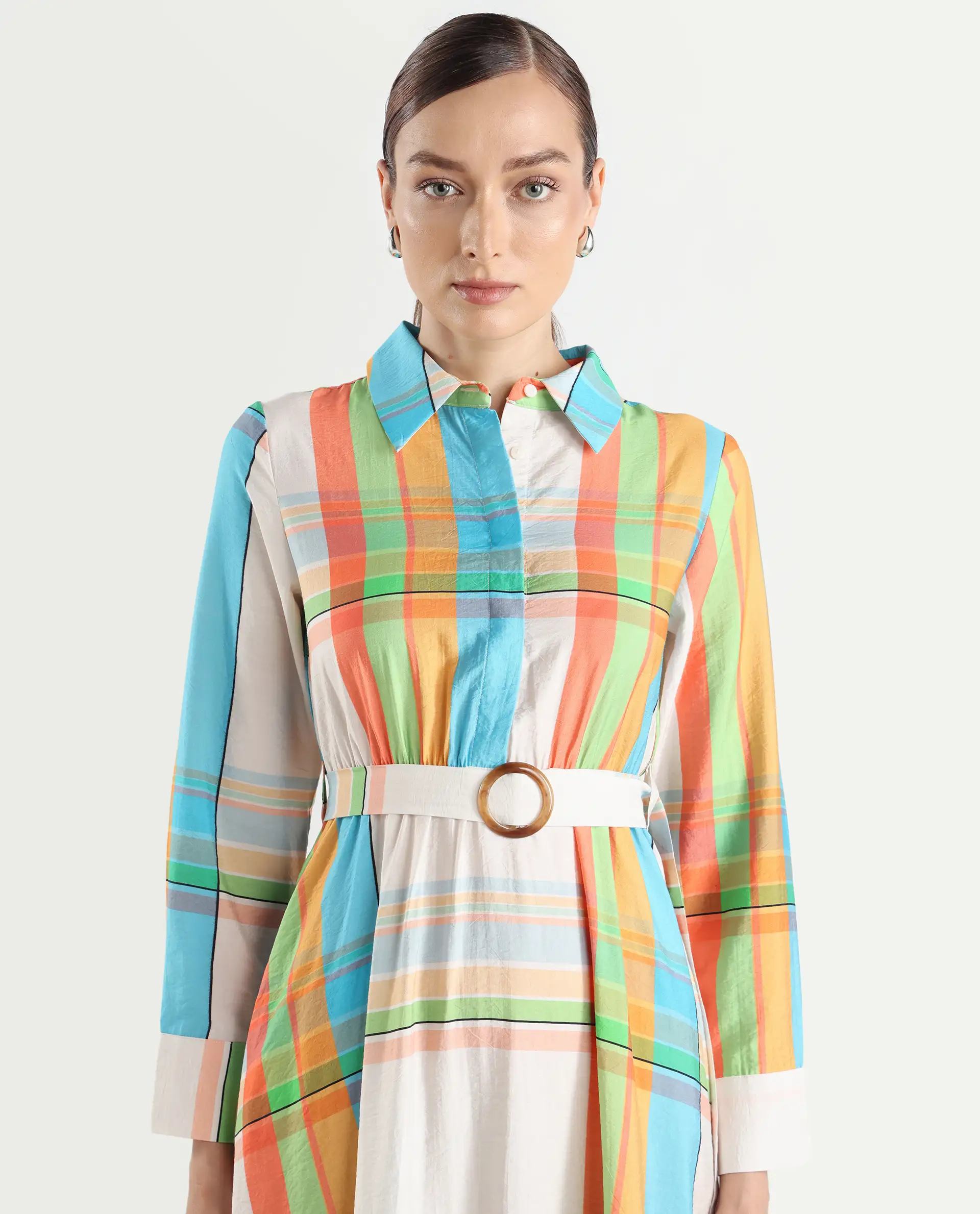 Rareism Women's Ariska Multi Cotton Blend Drop Collar Flannel Print Cuffed Sleeve Maxi Fit And Flare Dress - Image 4