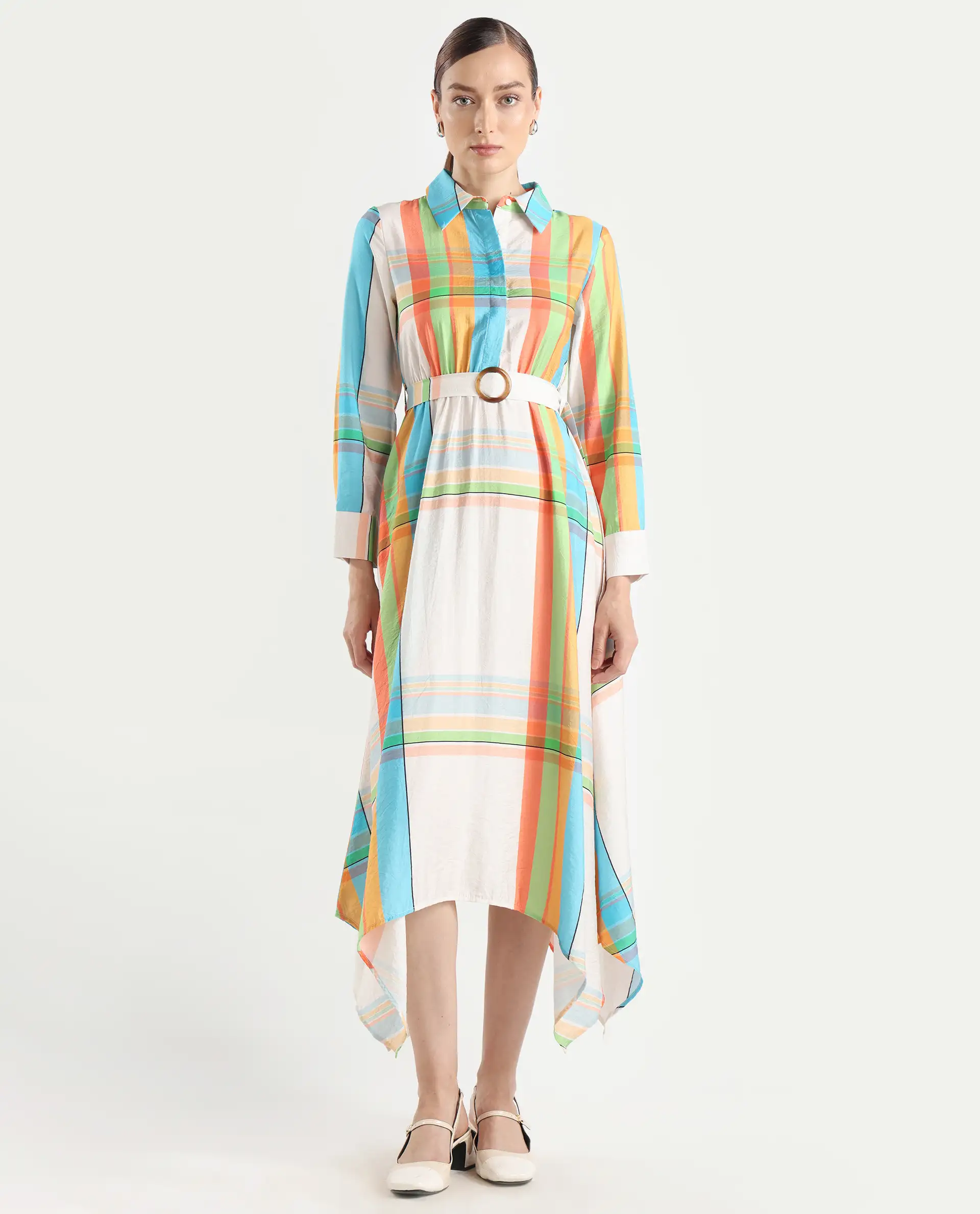 Rareism Women's Ariska Multi Cotton Blend Drop Collar Flannel Print Cuffed Sleeve Maxi Fit And Flare Dress - Image 5