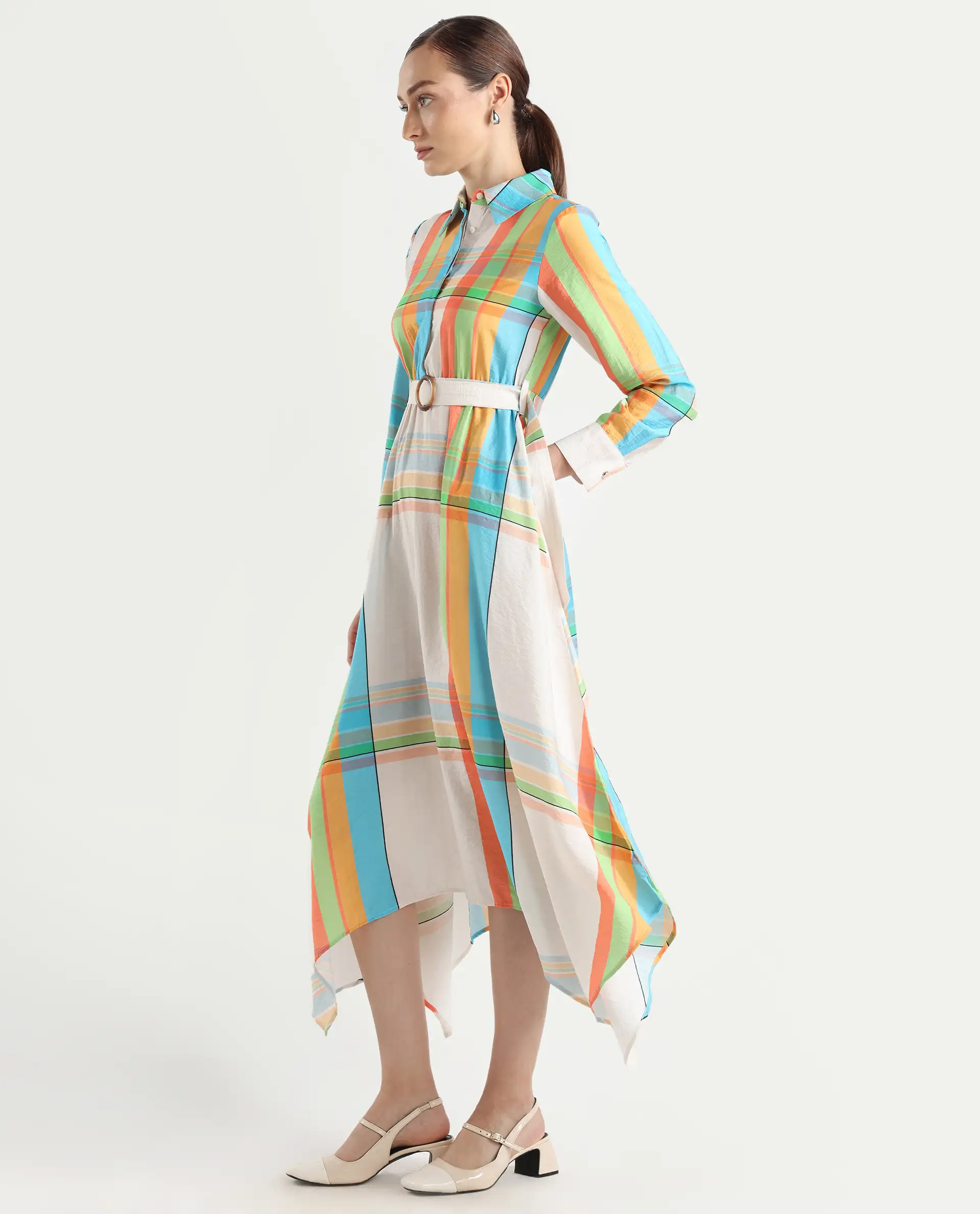 Rareism Women's Ariska Multi Cotton Blend Drop Collar Flannel Print Cuffed Sleeve Maxi Fit And Flare Dress - Image 6