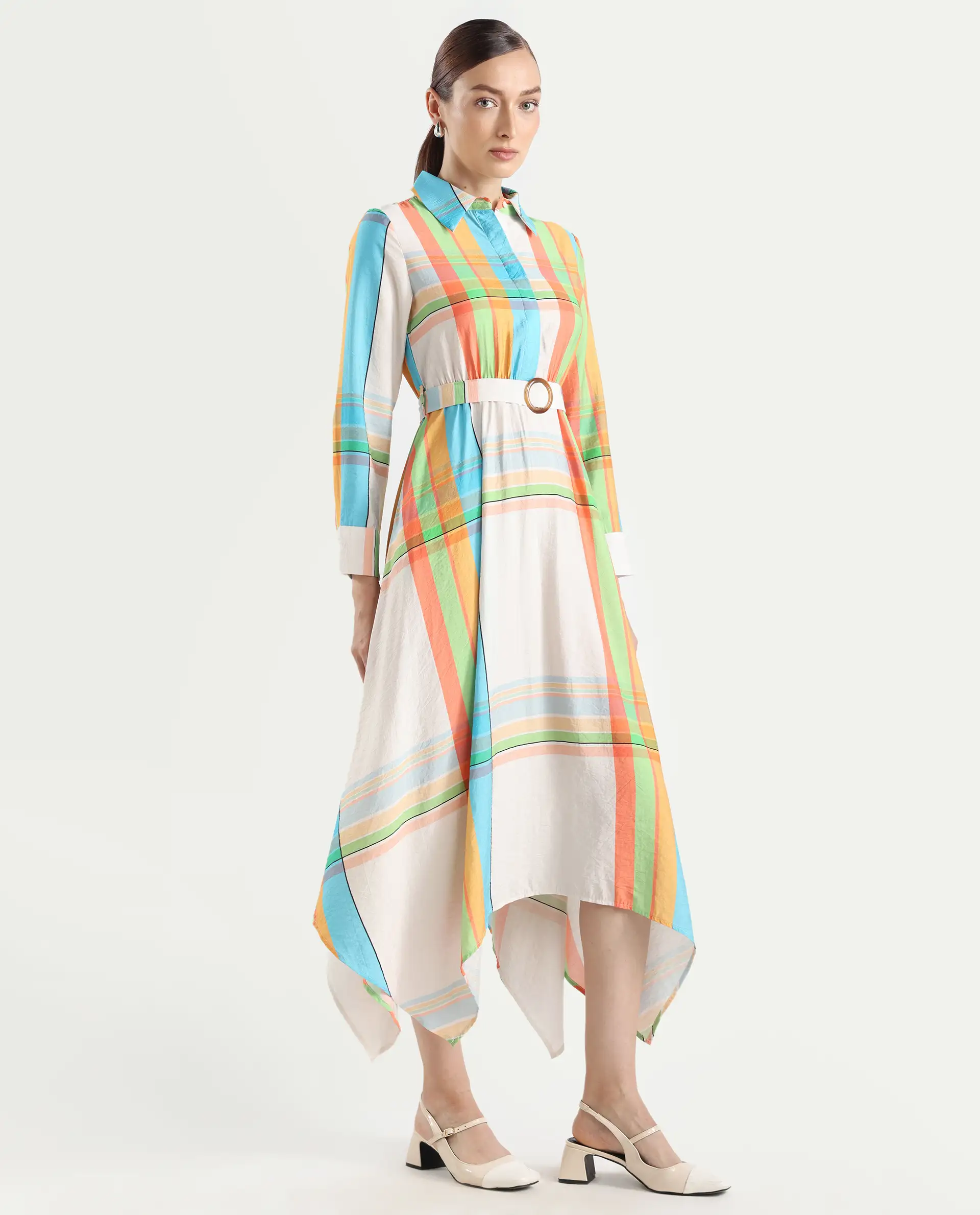 Rareism Women's Ariska Multi Cotton Blend Drop Collar Flannel Print Cuffed Sleeve Maxi Fit And Flare Dress - Image 7