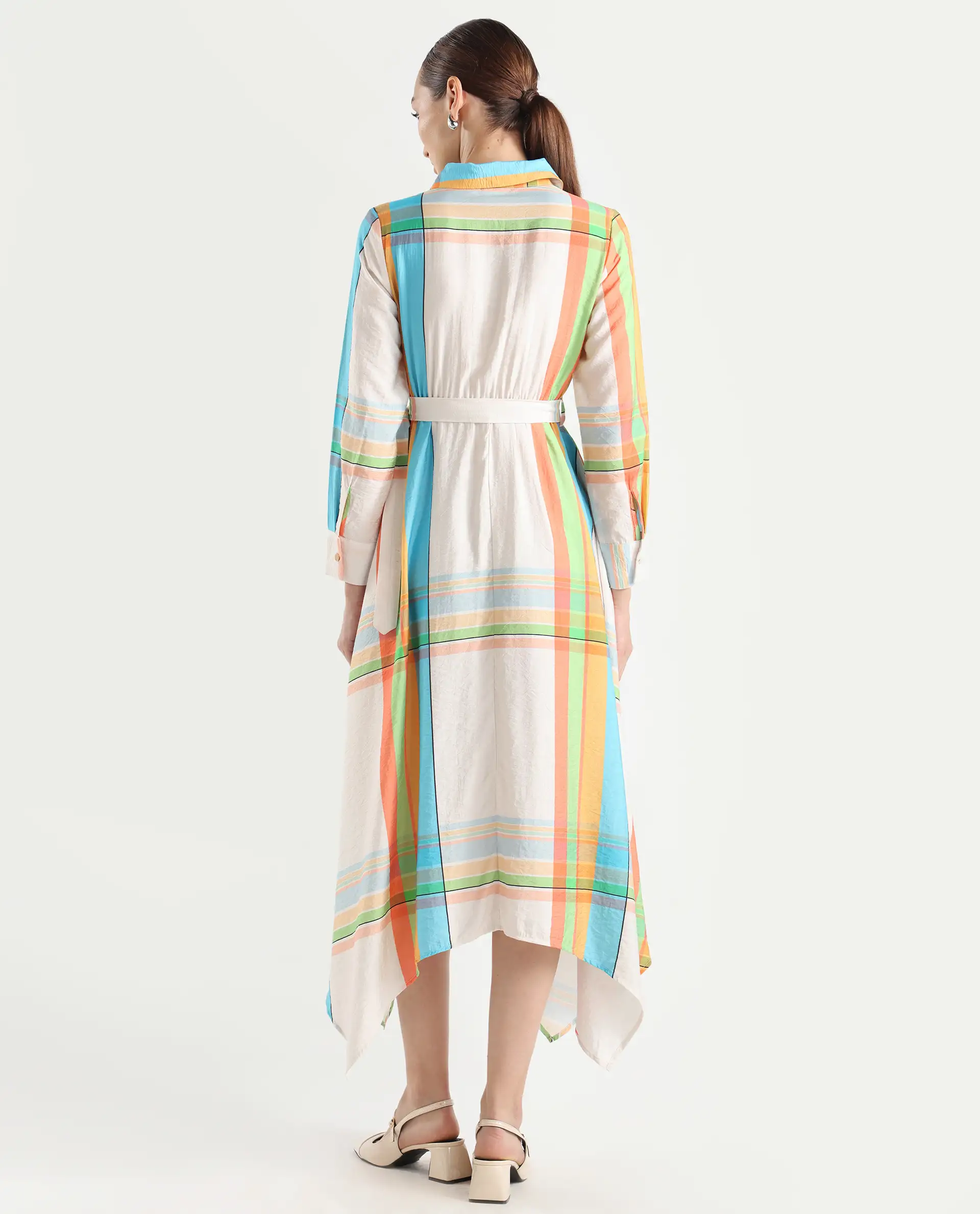 Rareism Women's Ariska Multi Cotton Blend Drop Collar Flannel Print Cuffed Sleeve Maxi Fit And Flare Dress - Image 8