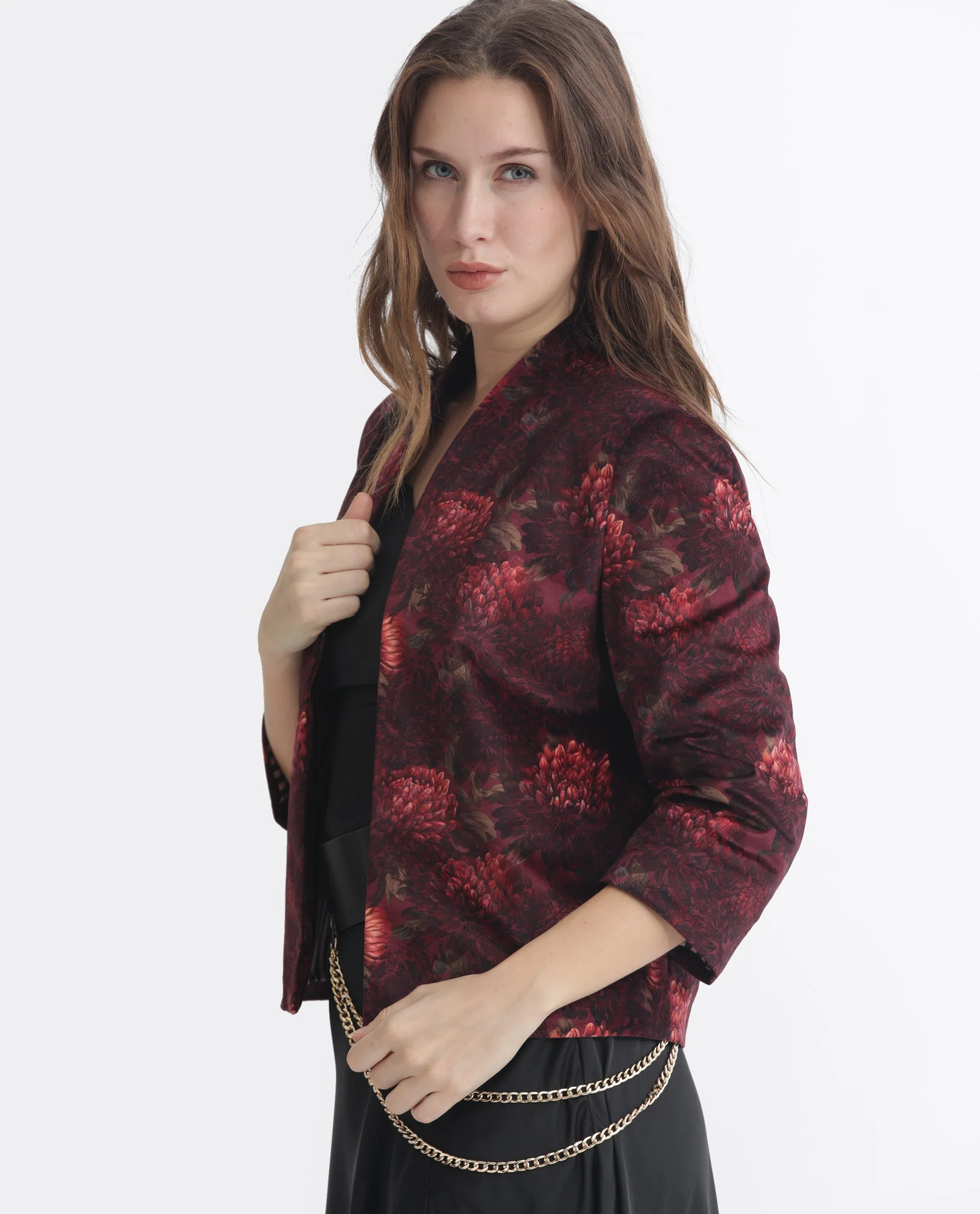 Rareism Women's Arizu Maroon Velvet Collarless Floral Print Regular Fit Shrug - Image 4