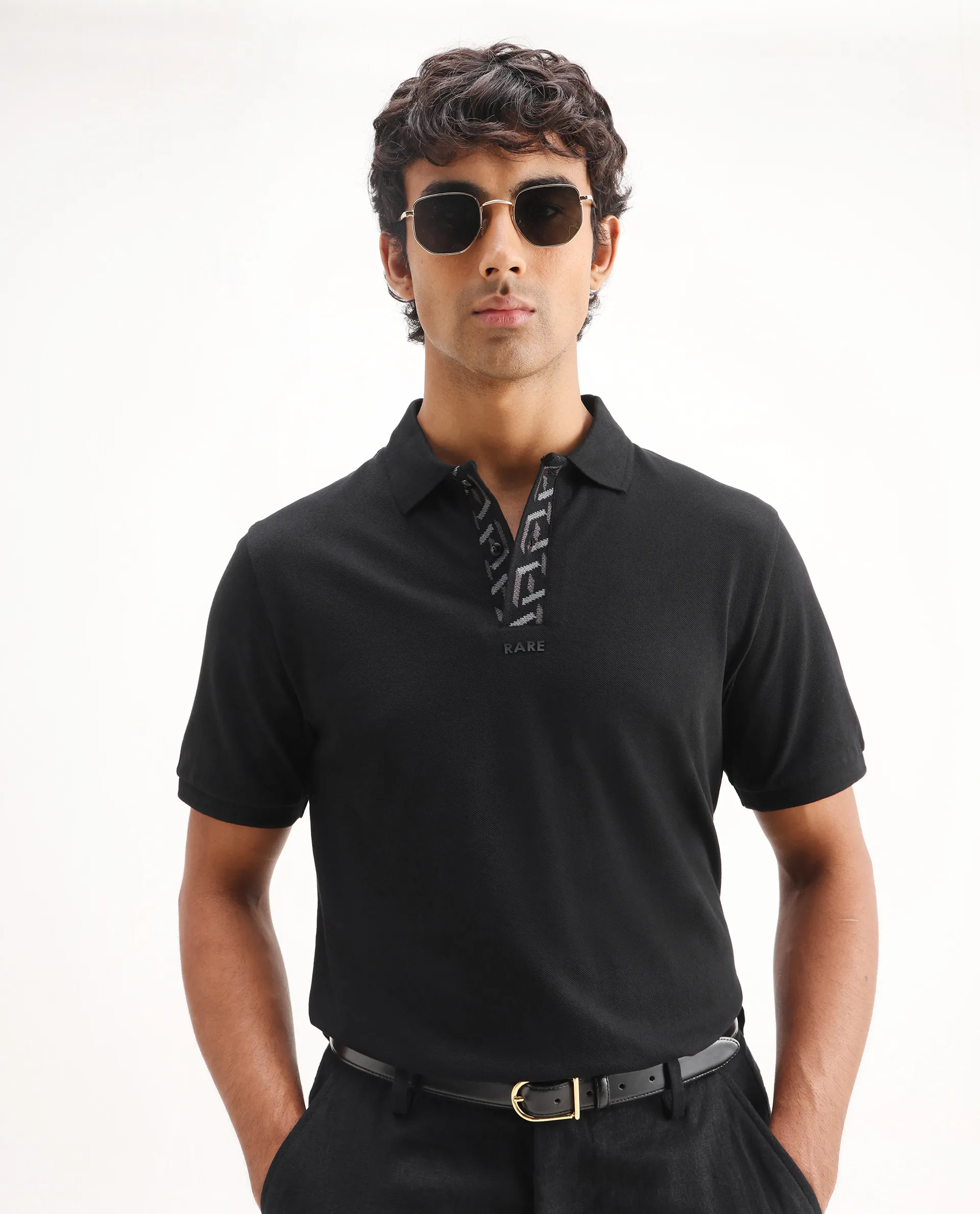 Rare Rabbit Men's Ark Black Cotton Plain Regular Fit Half Sleeve Polo