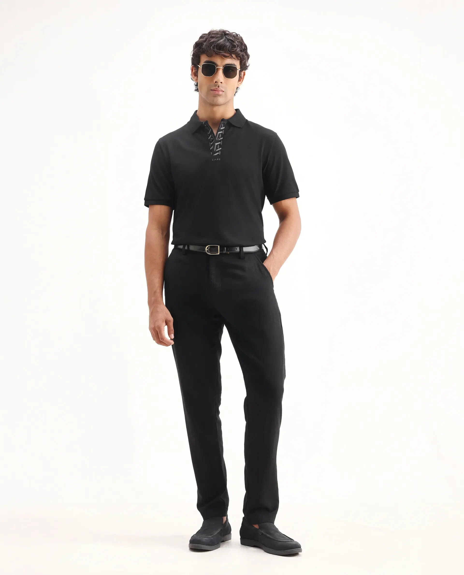 Rare Rabbit Men's Ark Black Cotton Plain Regular Fit Half Sleeve Polo - Image 2
