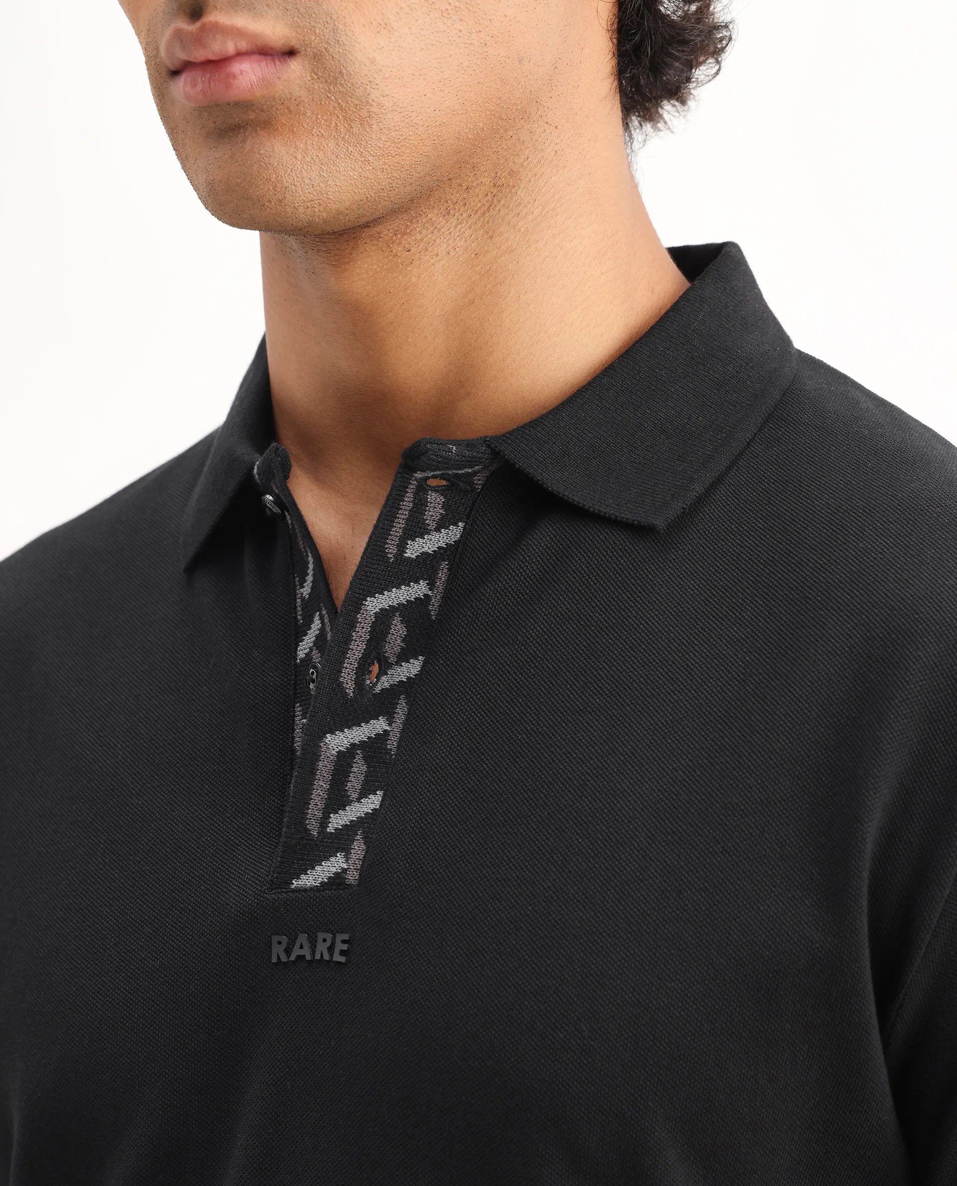 Rare Rabbit Men's Ark Black Cotton Plain Regular Fit Half Sleeve Polo - Image 3