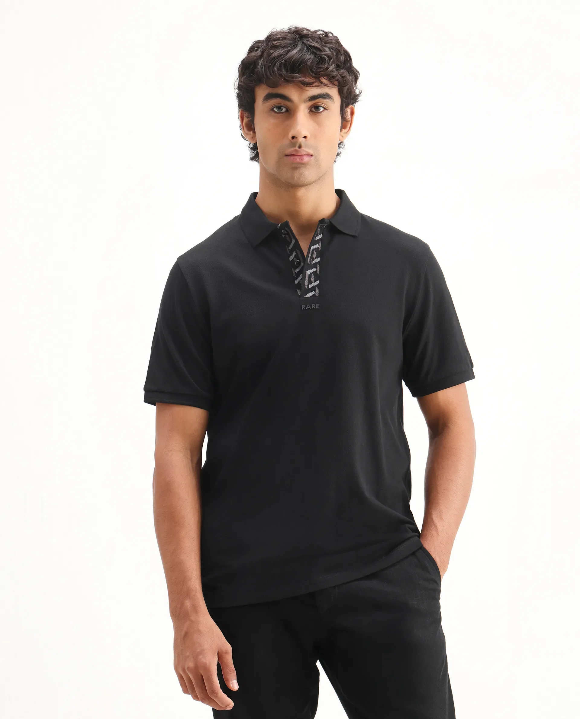 Rare Rabbit Men's Ark Black Cotton Plain Regular Fit Half Sleeve Polo - Image 4