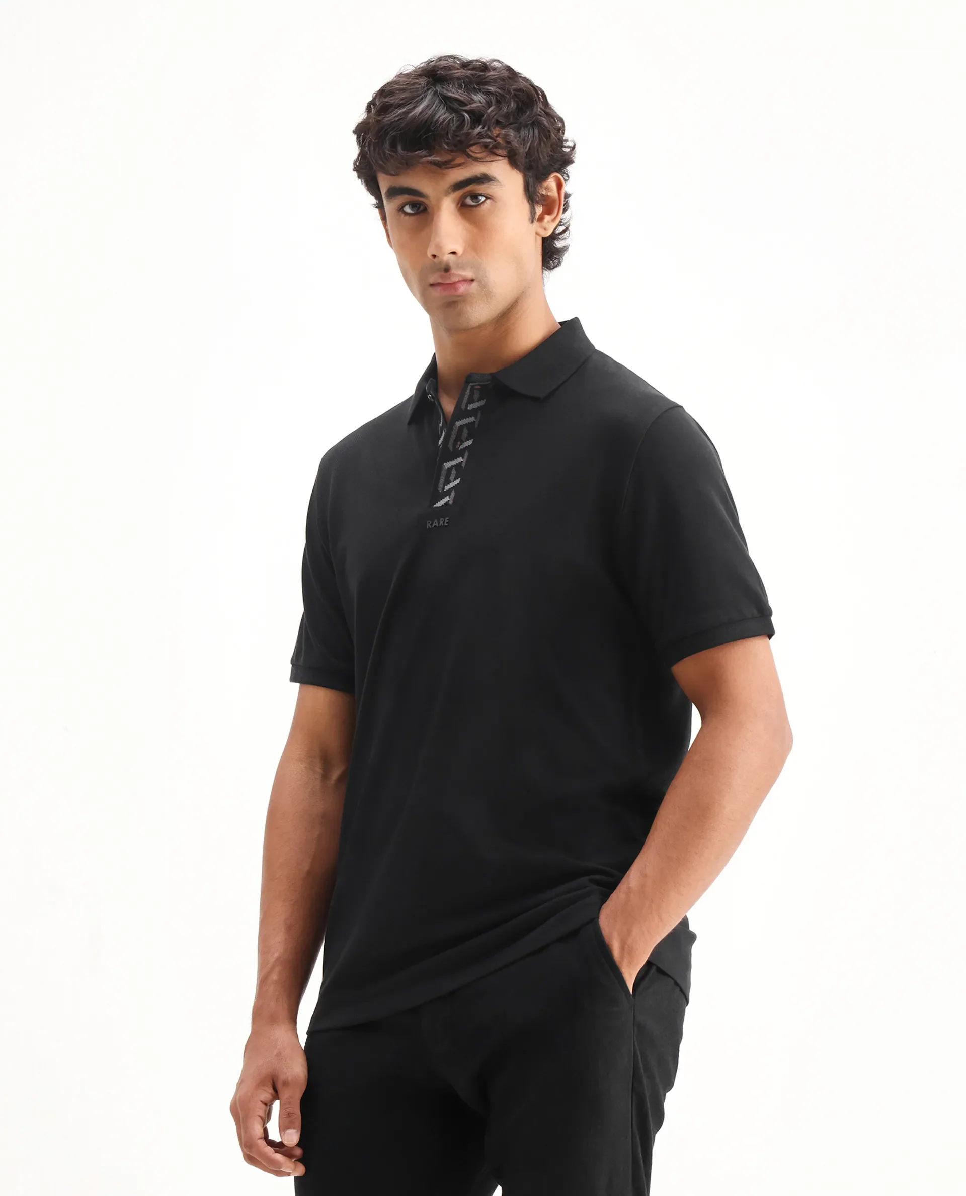 Rare Rabbit Men's Ark Black Cotton Plain Regular Fit Half Sleeve Polo - Image 5