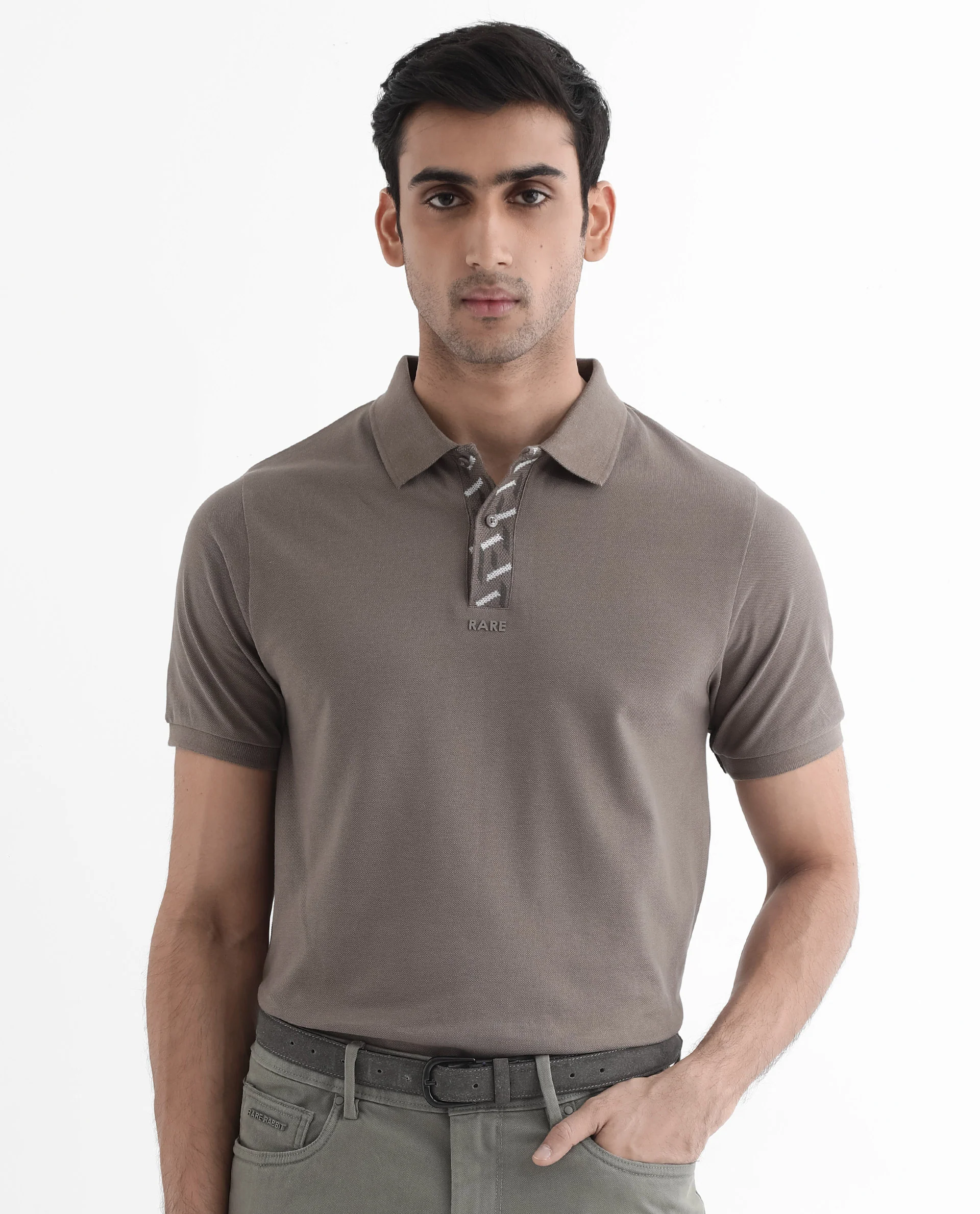 Rare Rabbit Men's Ark Dark Beige Cotton Plain Regular Fit Half Sleeve Polo - Image 2