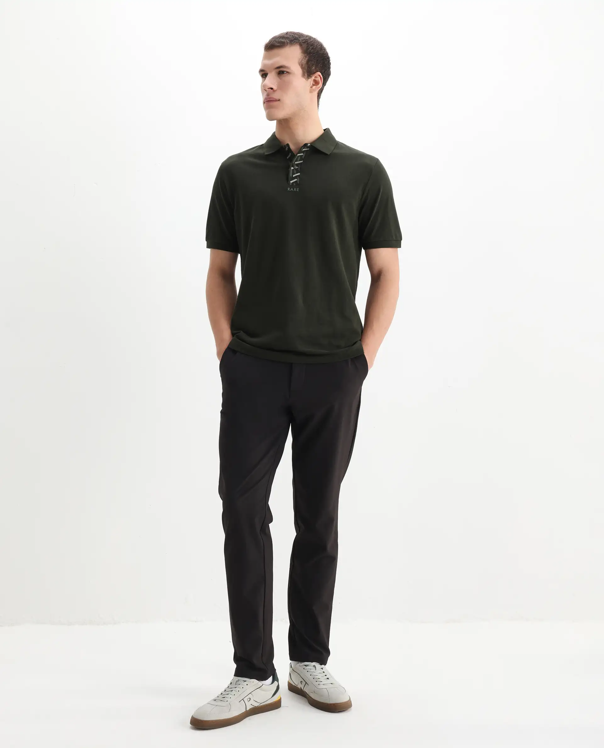 Rare Rabbit Men's Ark Dark Olive Cotton Plain Regular Fit Half Sleeve Polo - Image 2