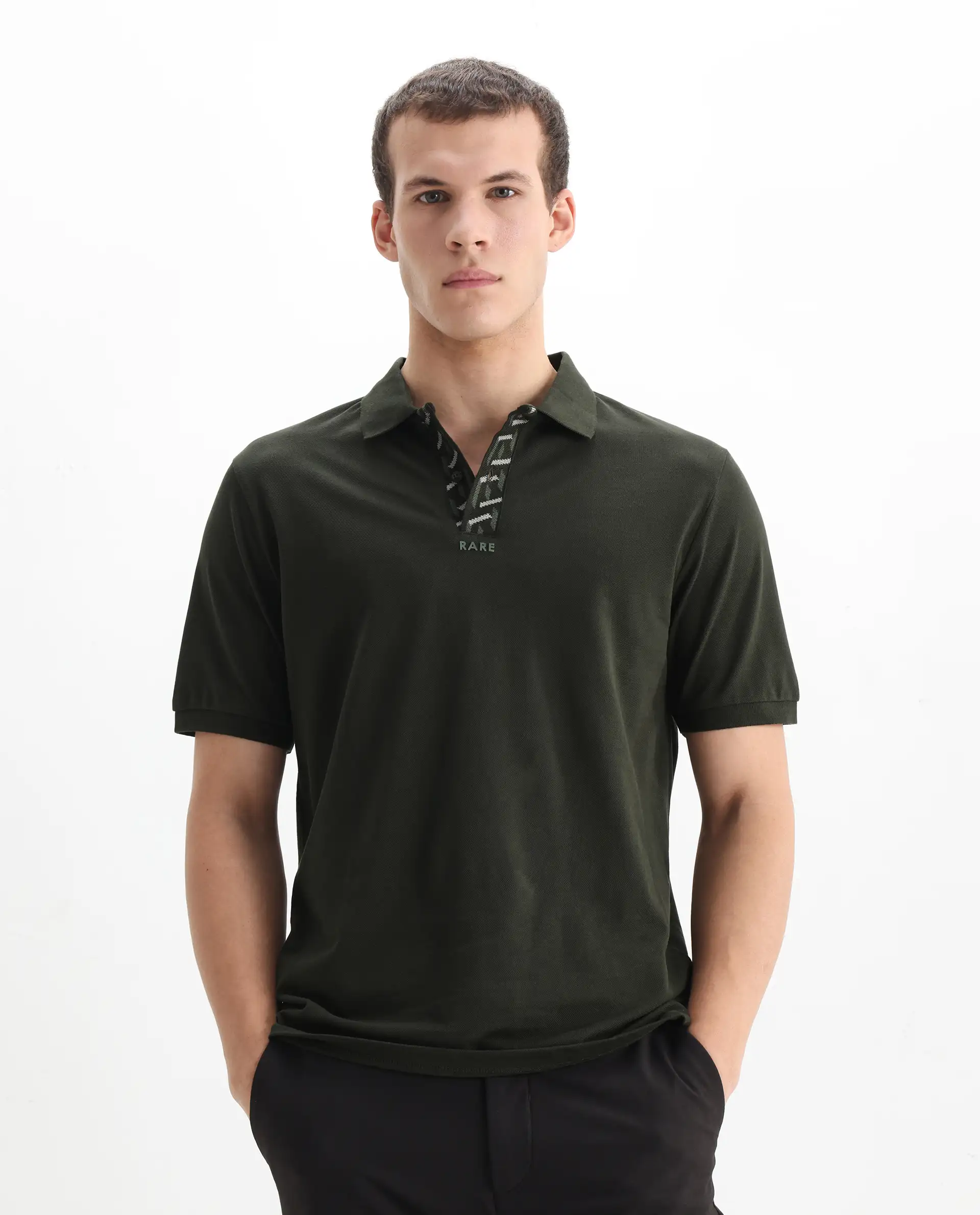 Rare Rabbit Men's Ark Dark Olive Cotton Plain Regular Fit Half Sleeve Polo - Image 4
