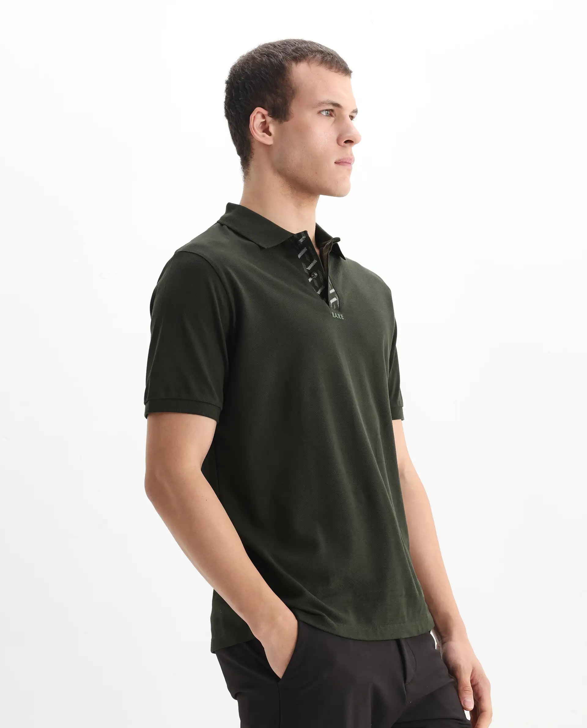 Rare Rabbit Men's Ark Dark Olive Cotton Plain Regular Fit Half Sleeve Polo - Image 5