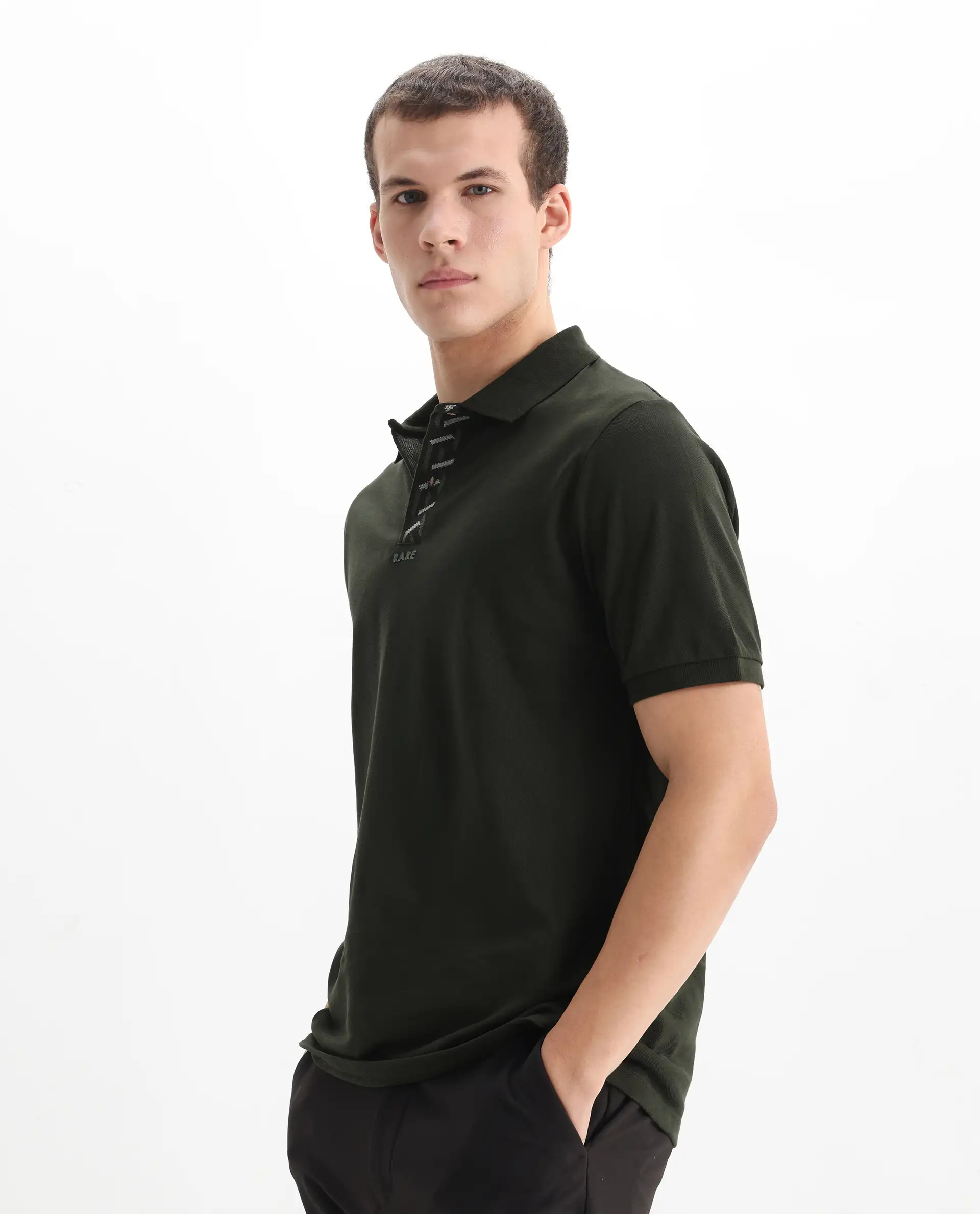 Rare Rabbit Men's Ark Dark Olive Cotton Plain Regular Fit Half Sleeve Polo - Image 6