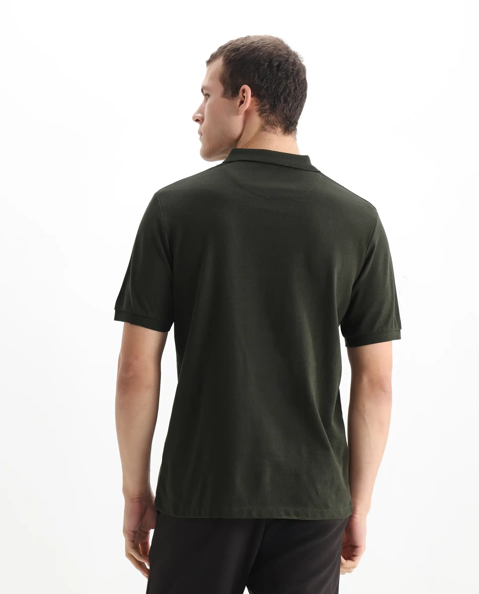 Rare Rabbit Men's Ark Dark Olive Cotton Plain Regular Fit Half Sleeve Polo - Image 7