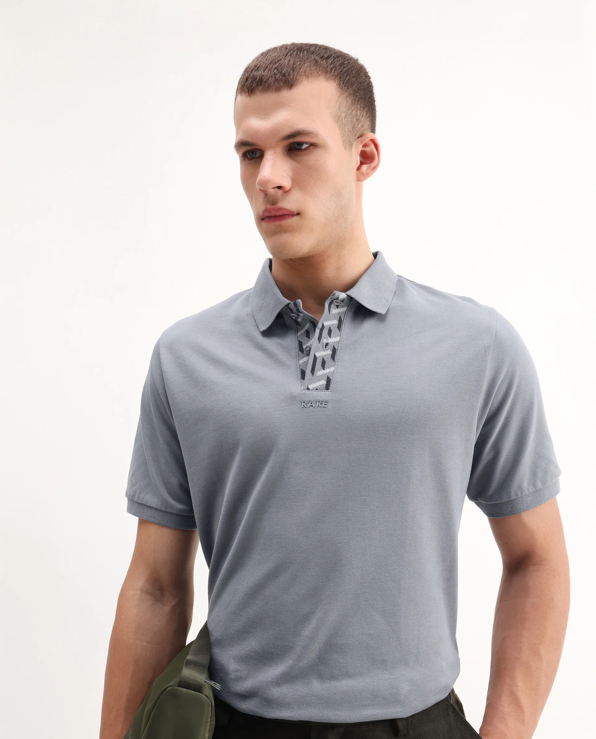 Rare Rabbit Men's Ark Grey Cotton Plain Regular Fit Half Sleeve Polo