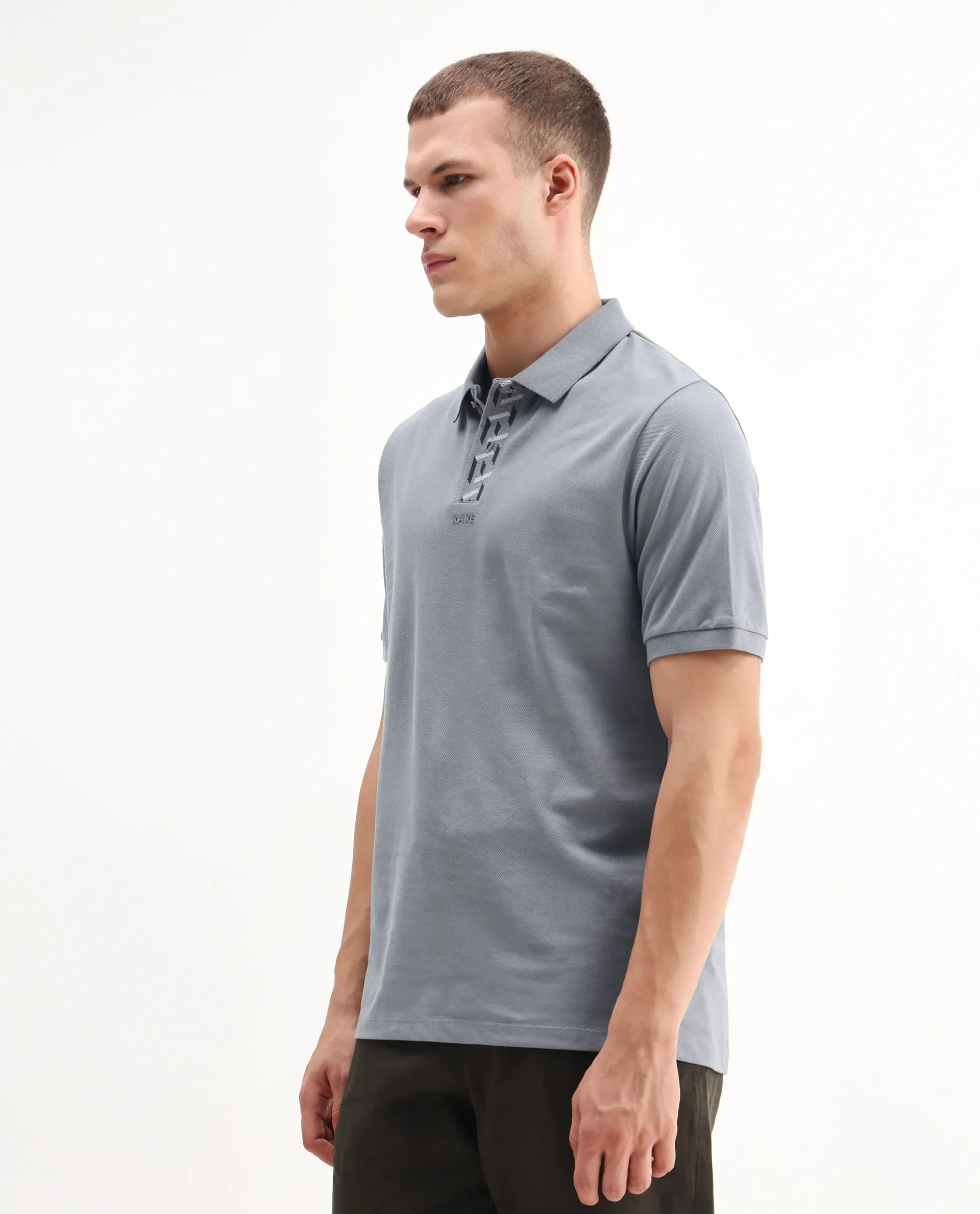 Rare Rabbit Men's Ark Grey Cotton Plain Regular Fit Half Sleeve Polo - Image 3