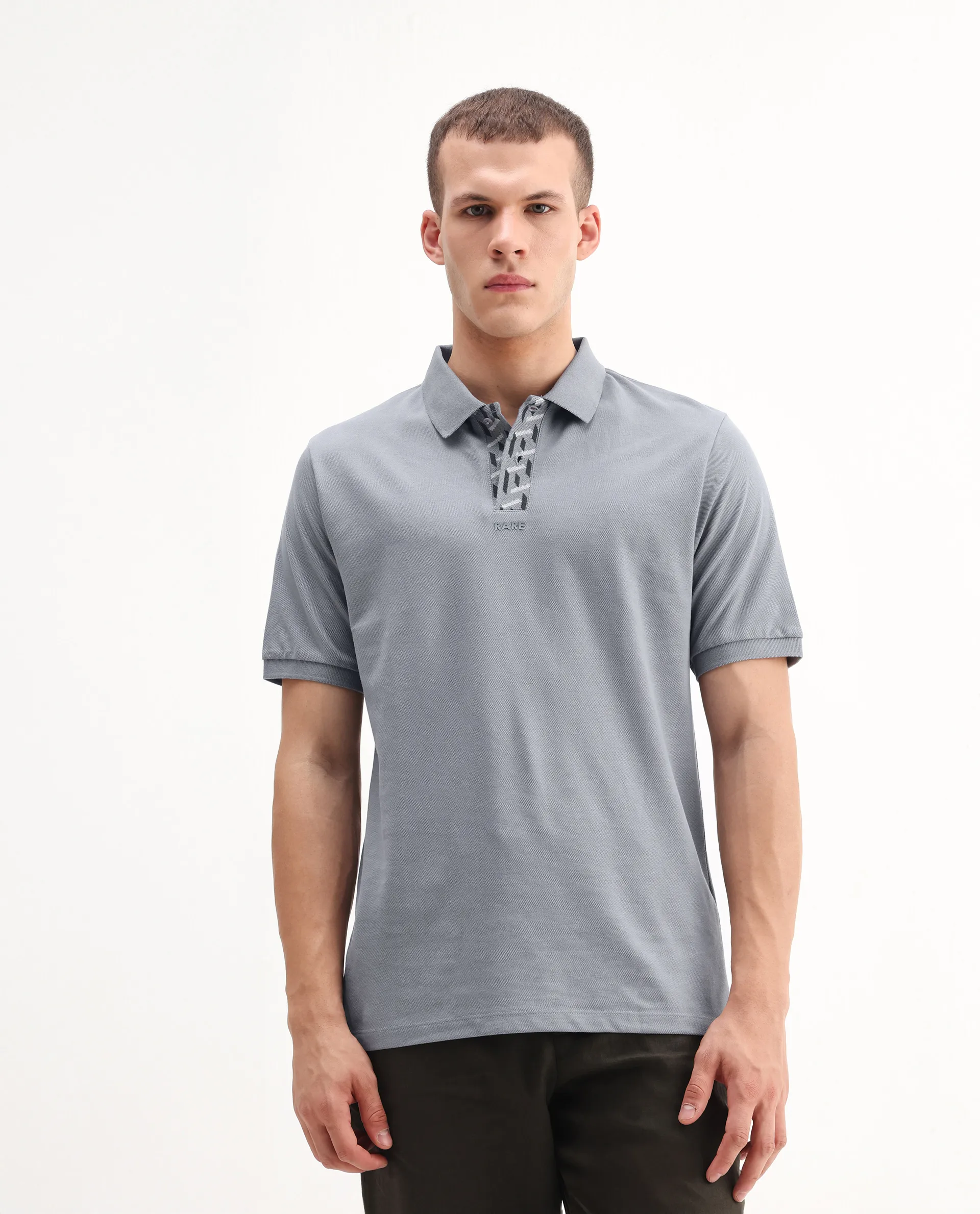 Rare Rabbit Men's Ark Grey Cotton Plain Regular Fit Half Sleeve Polo - Image 4