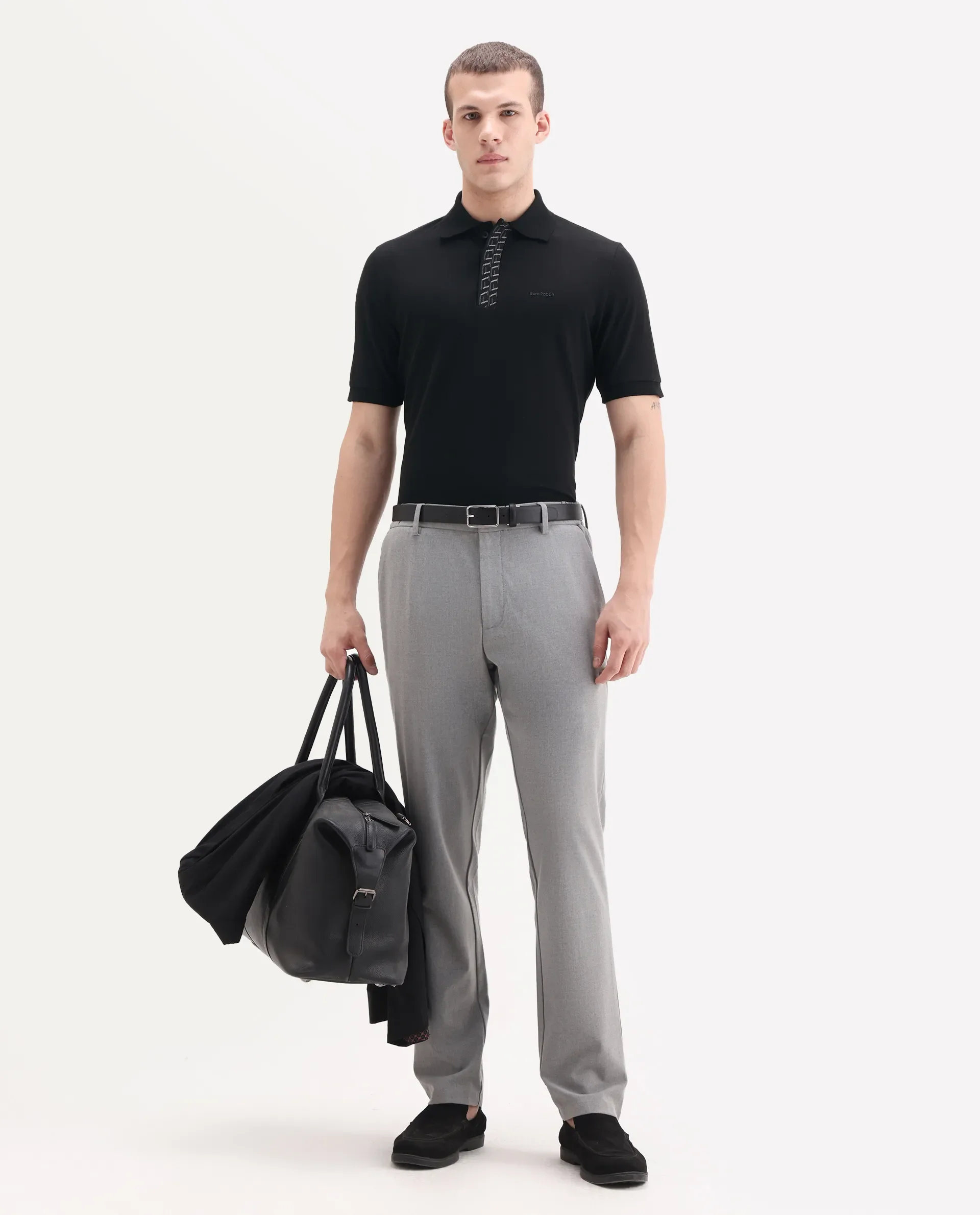 Rare Rabbit Men's Arko Black Cotton Blend Plain Regular Fit Half Sleeve Polo - Image 2