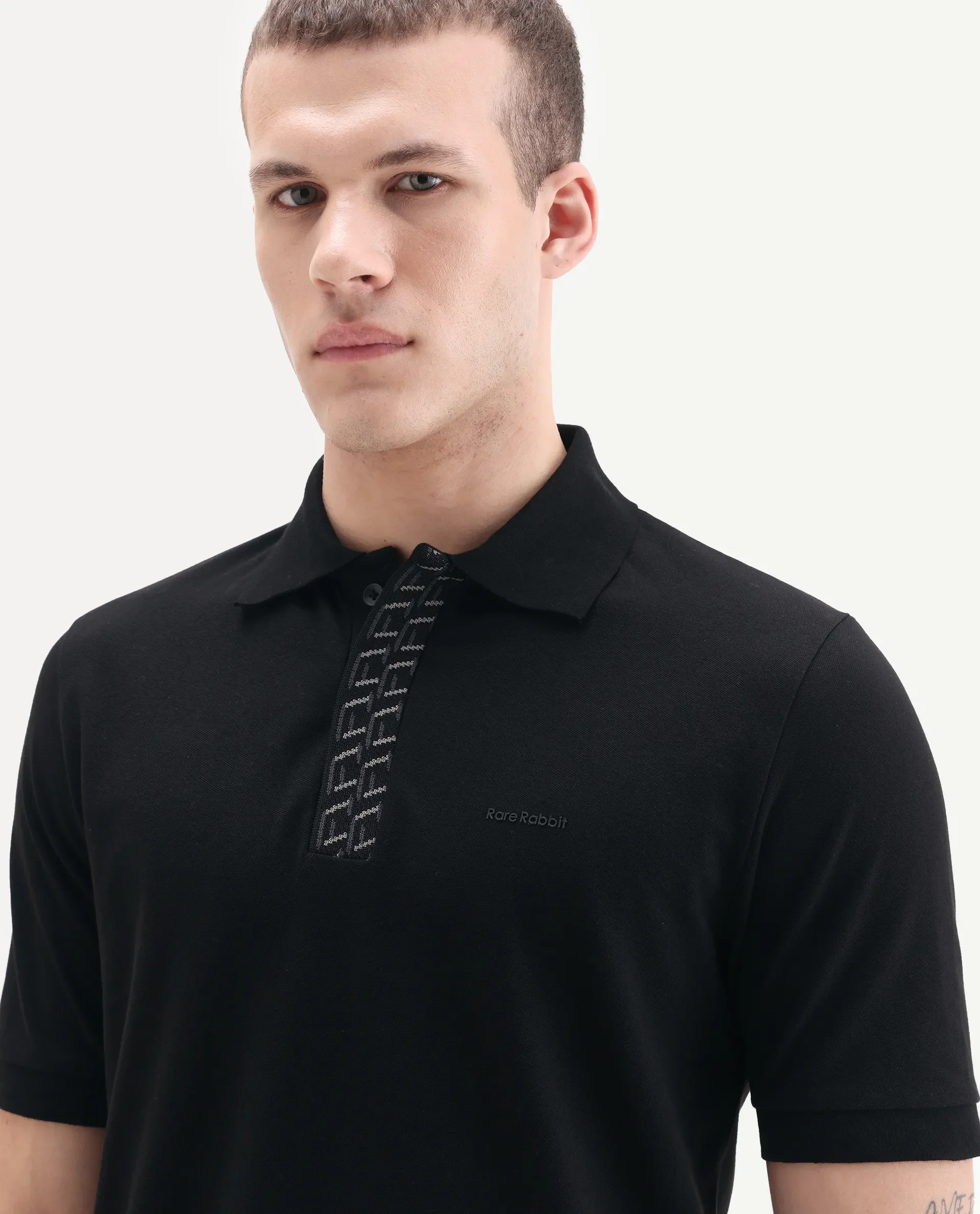 Rare Rabbit Men's Arko Black Cotton Blend Plain Regular Fit Half Sleeve Polo - Image 3