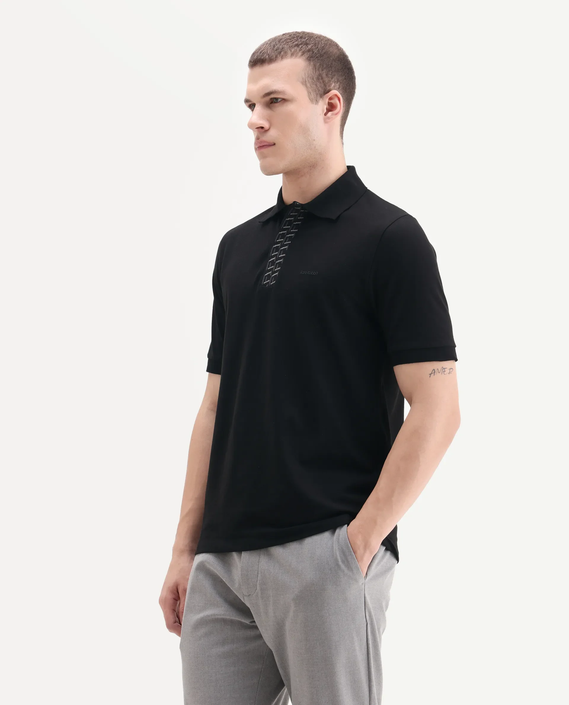 Rare Rabbit Men's Arko Black Cotton Blend Plain Regular Fit Half Sleeve Polo - Image 4