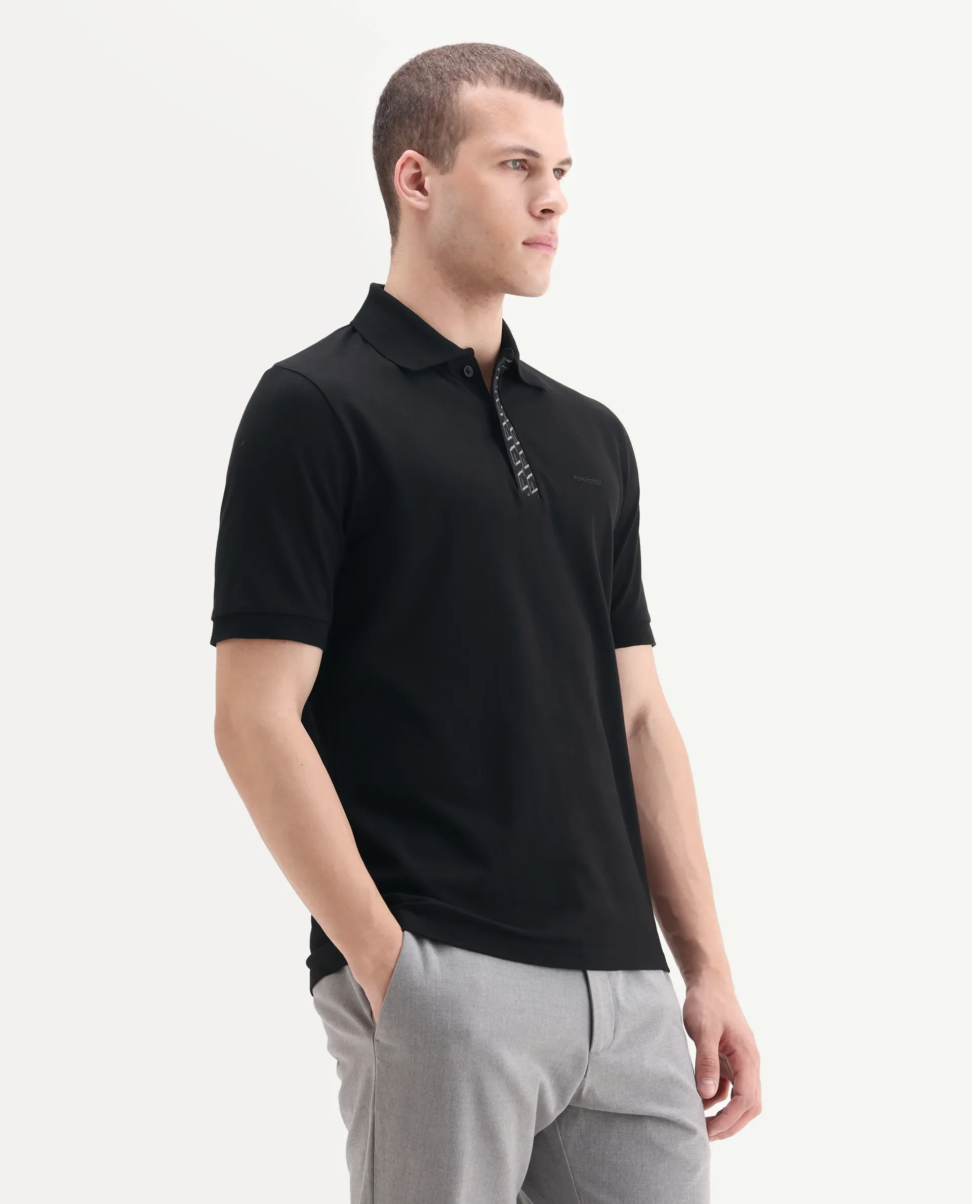 Rare Rabbit Men's Arko Black Cotton Blend Plain Regular Fit Half Sleeve Polo - Image 5