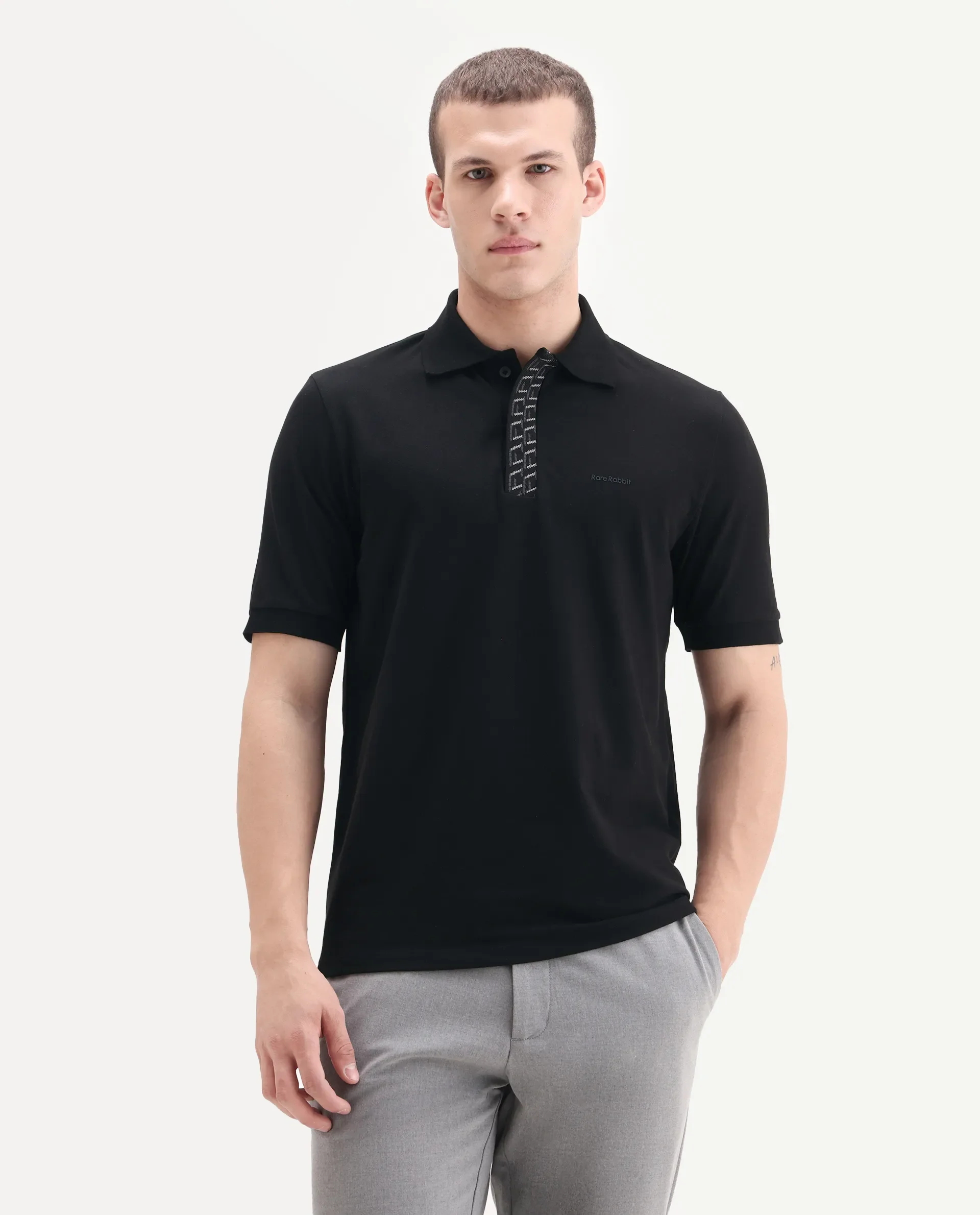 Rare Rabbit Men's Arko Black Cotton Blend Plain Regular Fit Half Sleeve Polo - Image 6