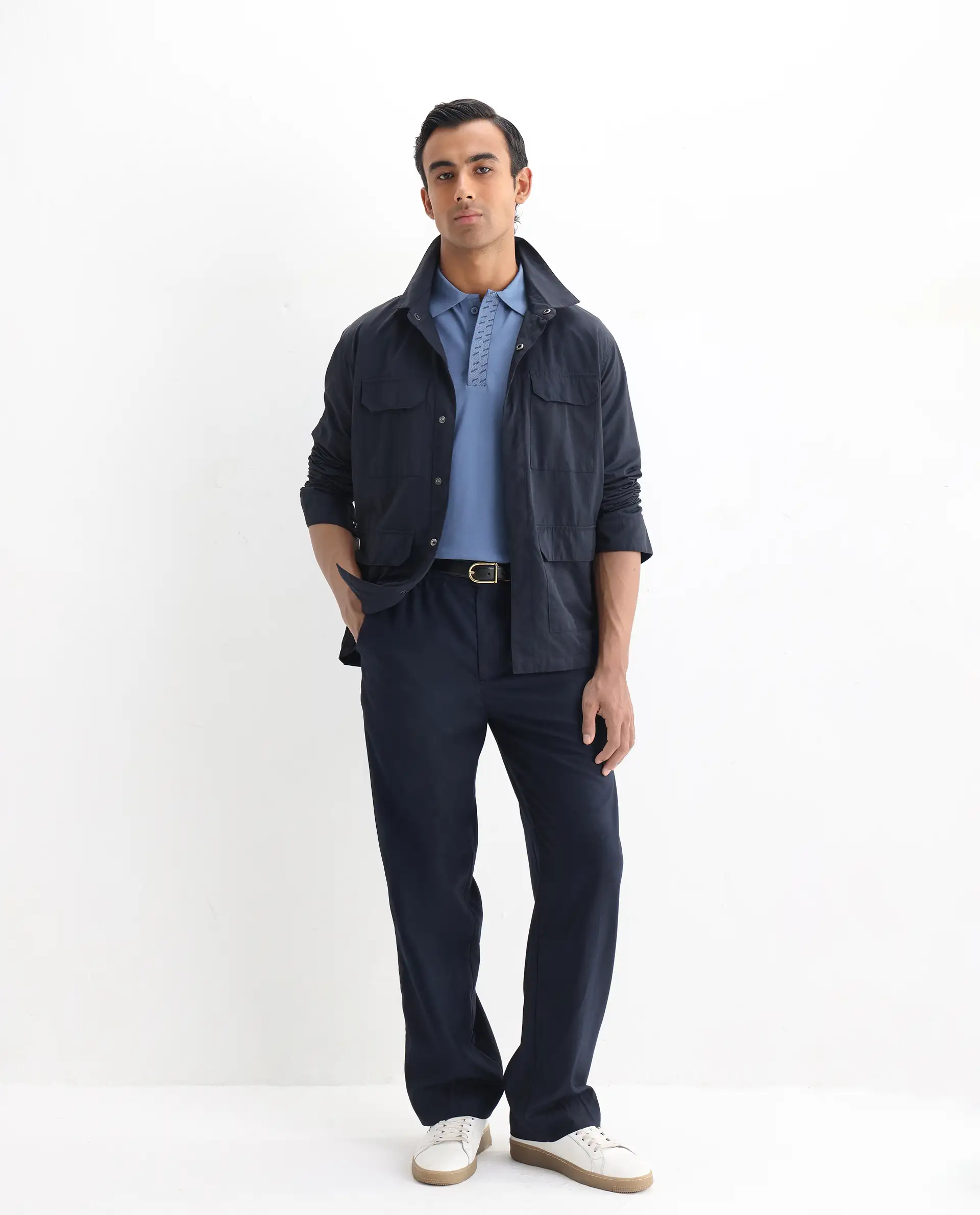 Rare Rabbit Men's Arko Blue Cotton Blend Plain Regular Fit Half Sleeve Polo - Image 2