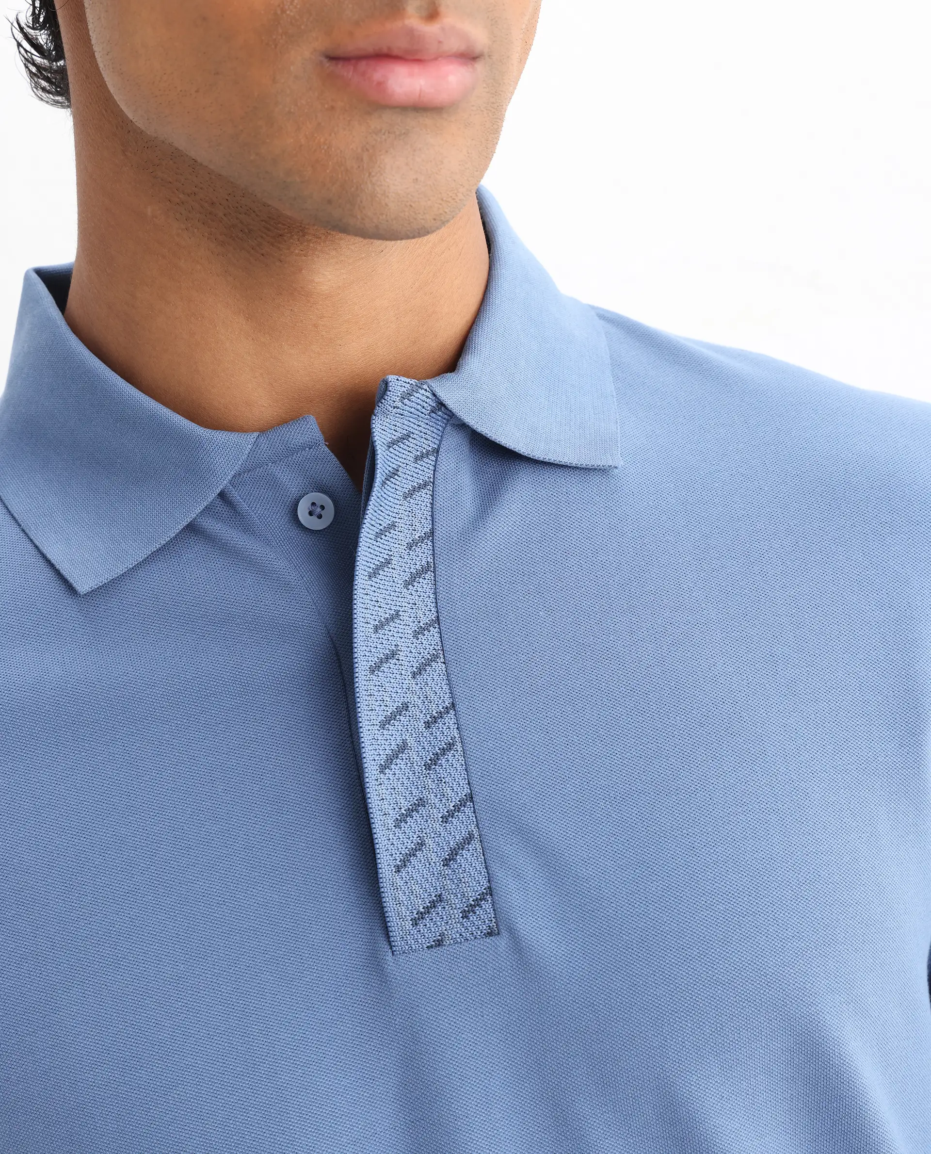 Rare Rabbit Men's Arko Blue Cotton Blend Plain Regular Fit Half Sleeve Polo - Image 3
