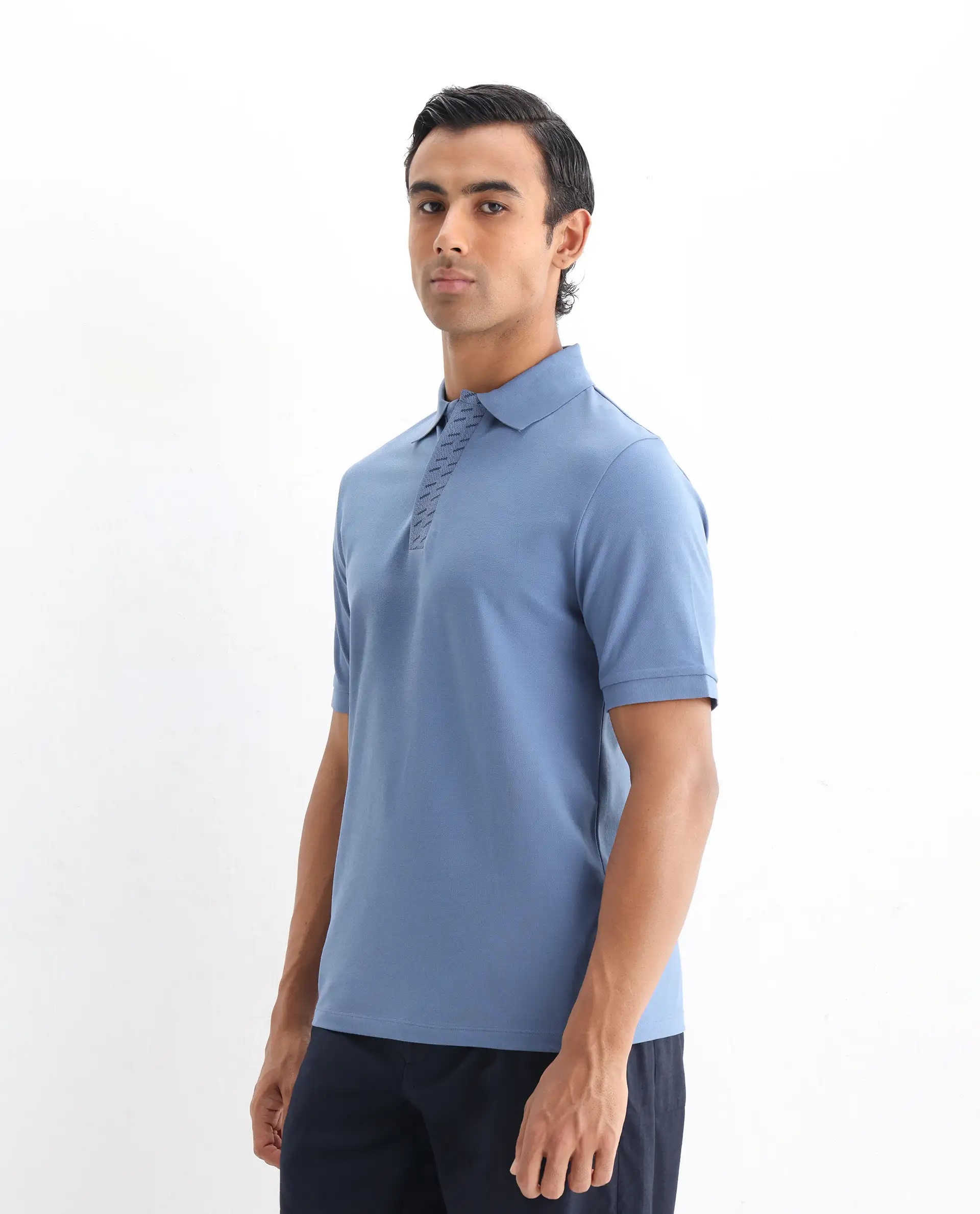 Rare Rabbit Men's Arko Blue Cotton Blend Plain Regular Fit Half Sleeve Polo - Image 4