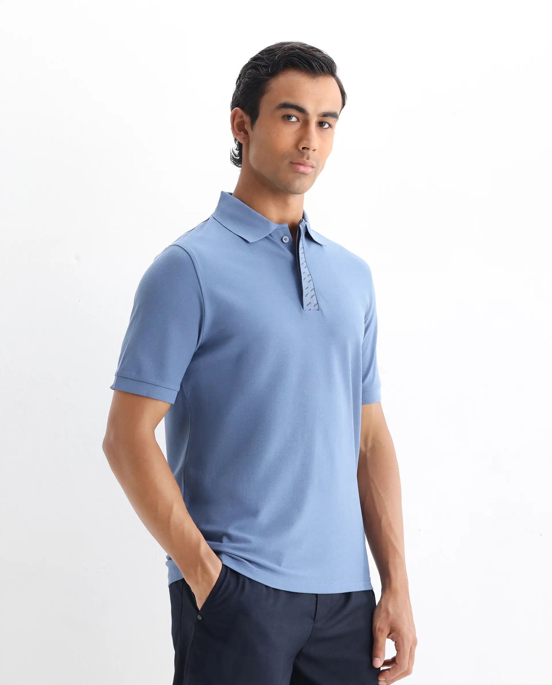 Rare Rabbit Men's Arko Blue Cotton Blend Plain Regular Fit Half Sleeve Polo - Image 5