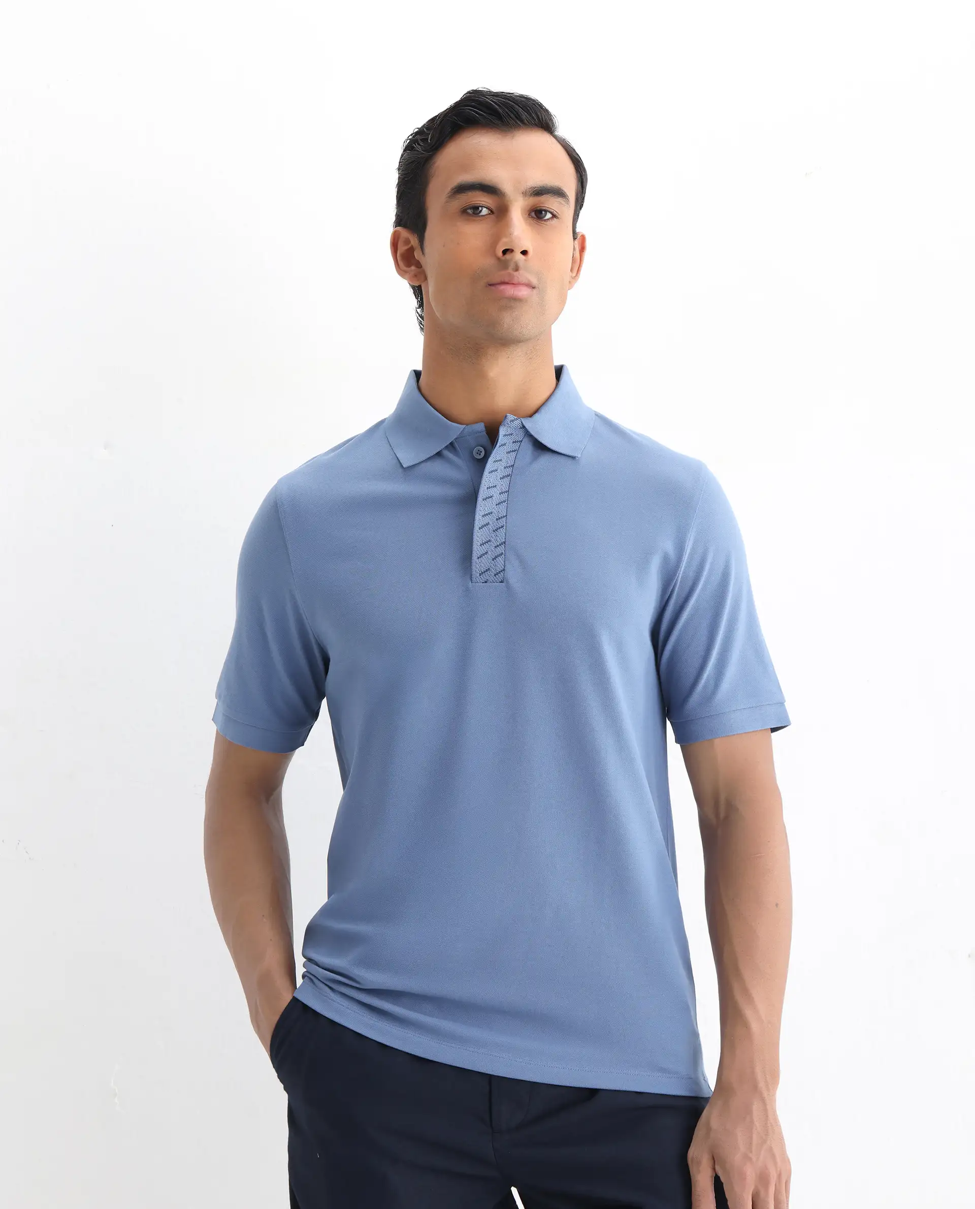 Rare Rabbit Men's Arko Blue Cotton Blend Plain Regular Fit Half Sleeve Polo - Image 6