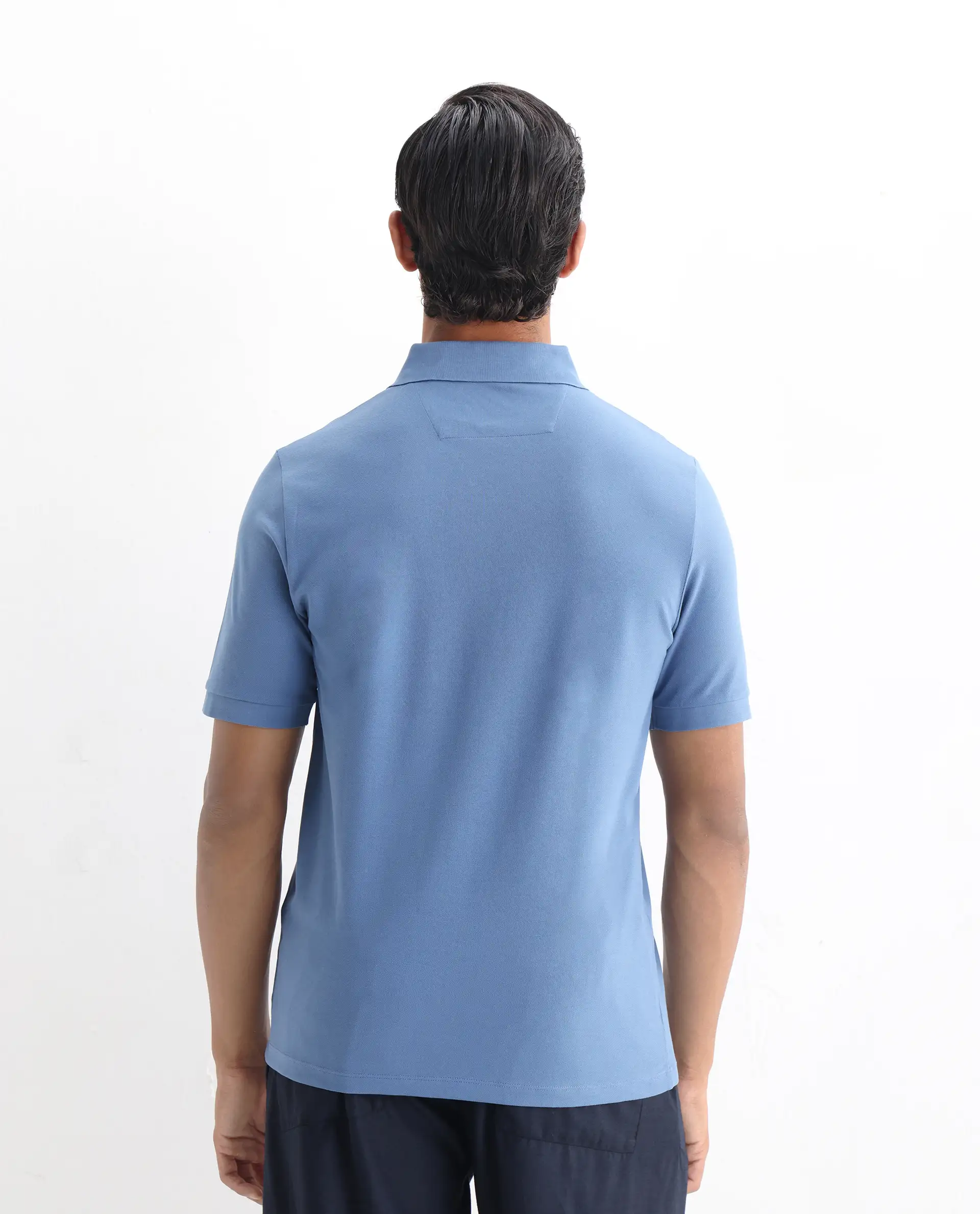 Rare Rabbit Men's Arko Blue Cotton Blend Plain Regular Fit Half Sleeve Polo - Image 7