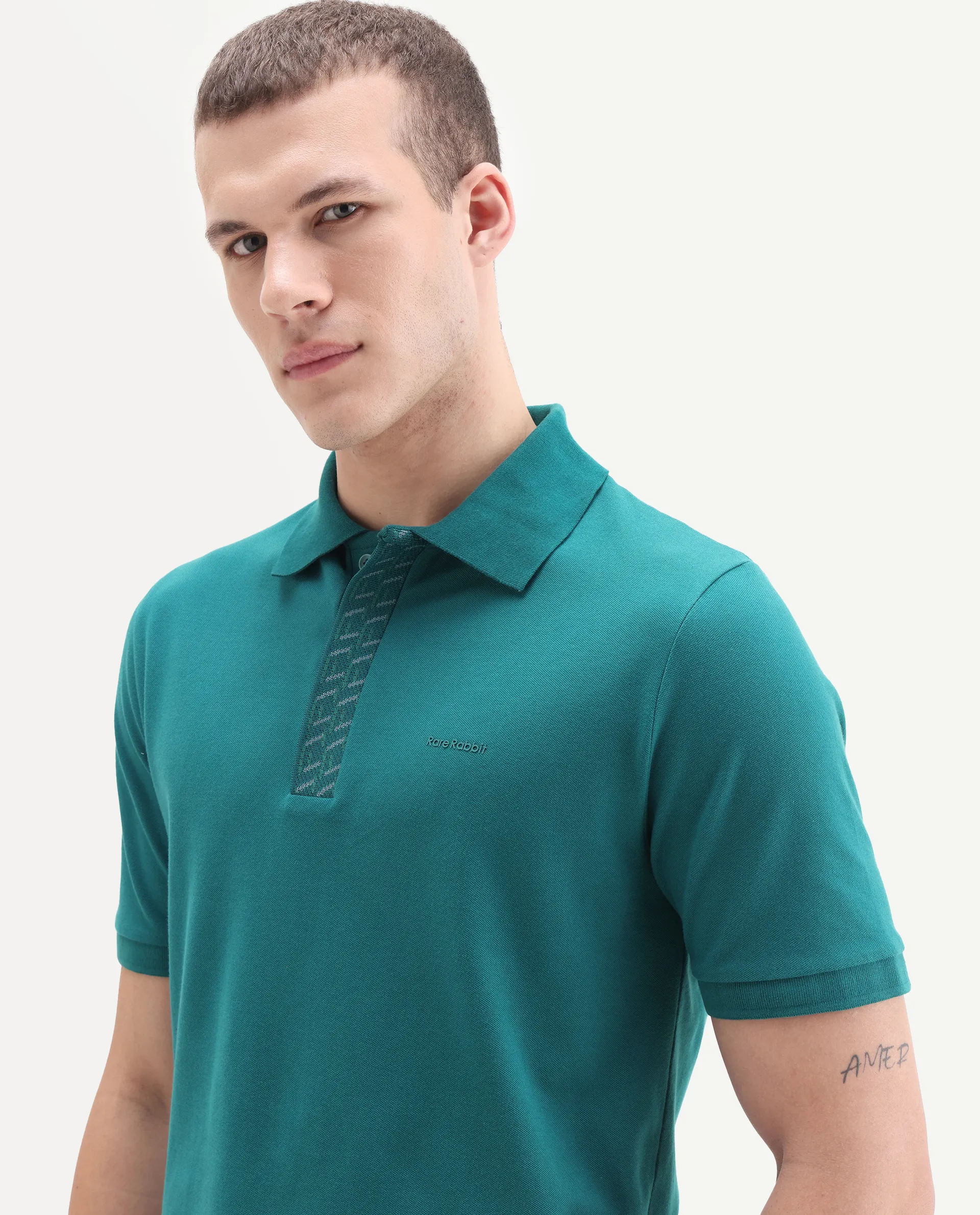 Rare Rabbit Men's Arko Green Cotton Blend Plain Regular Fit Half Sleeve Polo