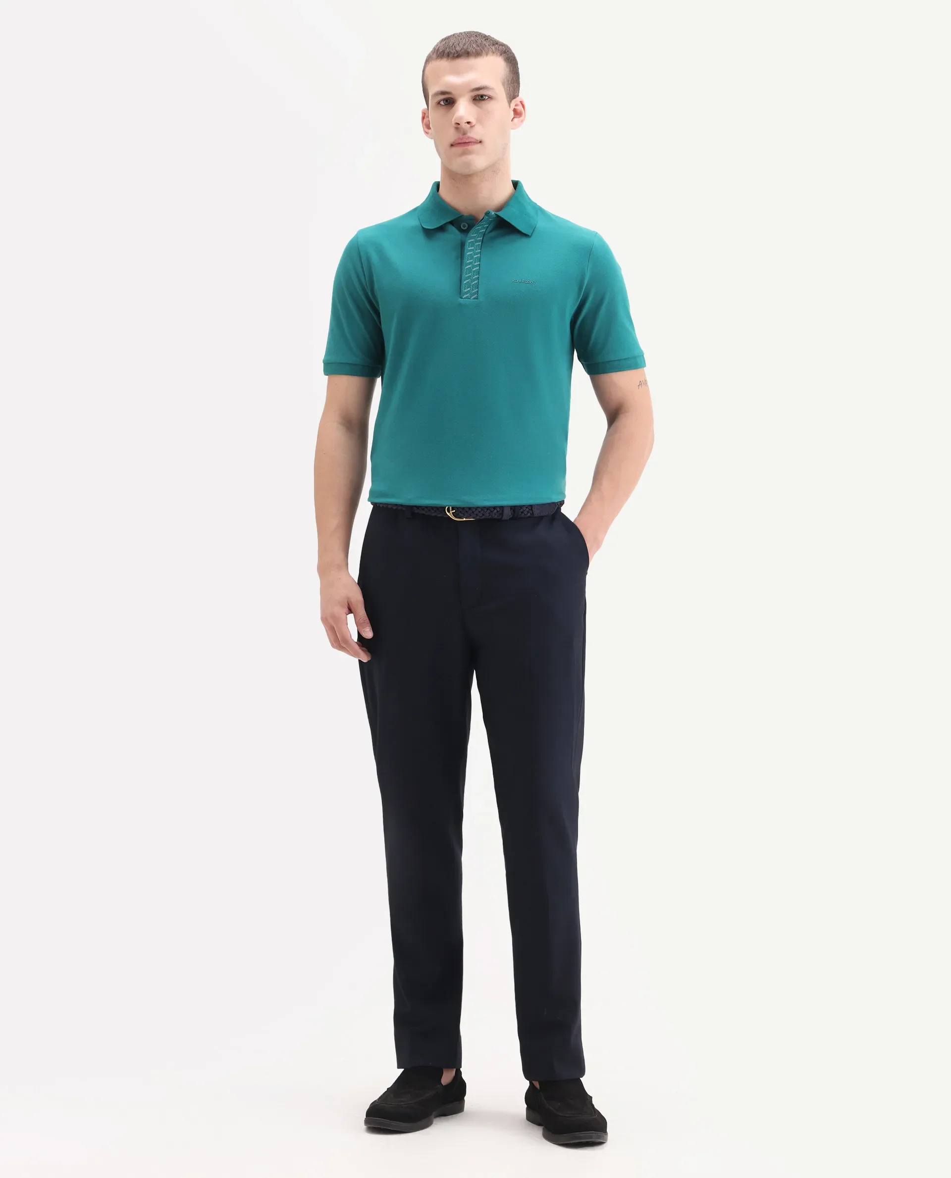 Rare Rabbit Men's Arko Green Cotton Blend Plain Regular Fit Half Sleeve Polo - Image 2