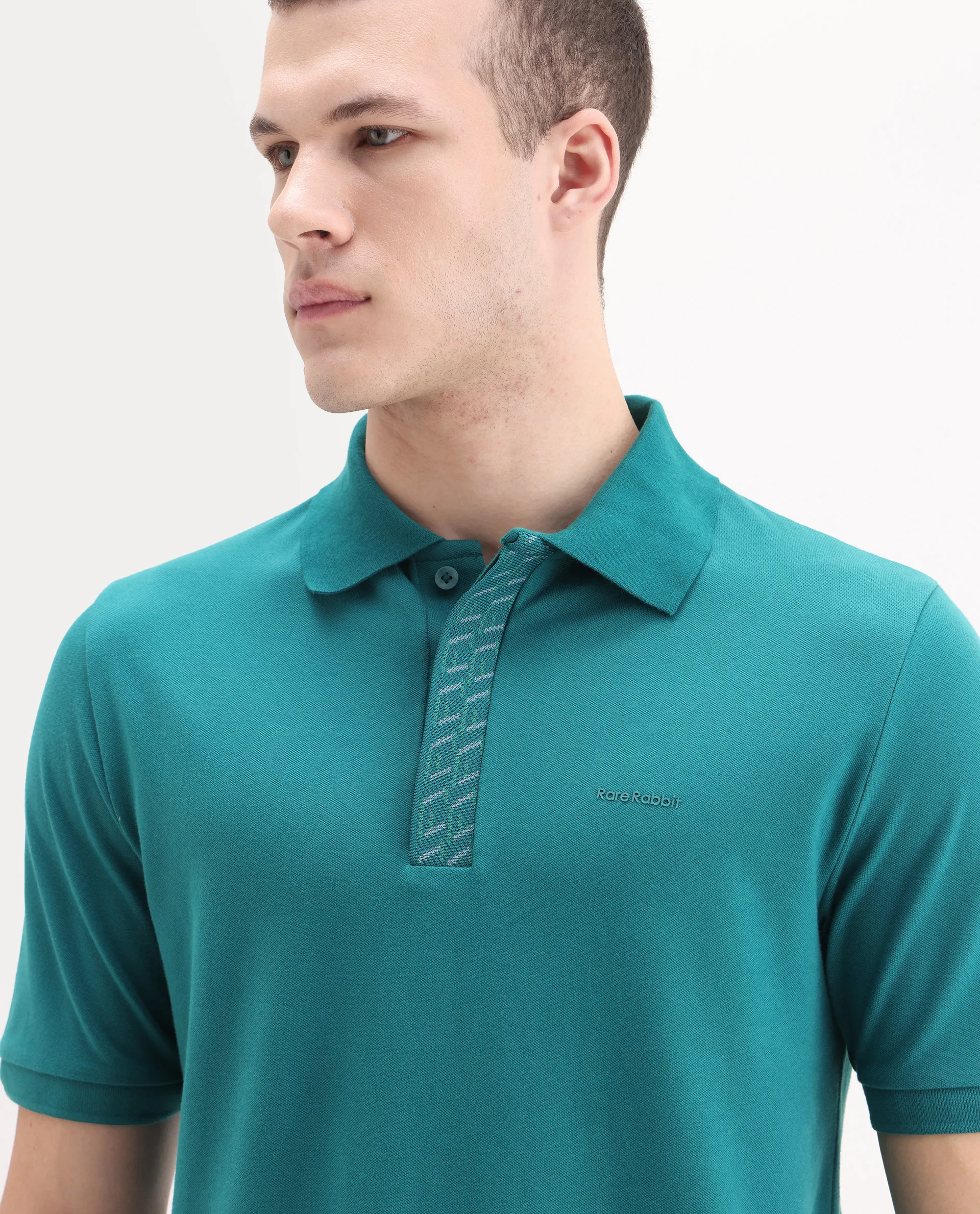 Rare Rabbit Men's Arko Green Cotton Blend Plain Regular Fit Half Sleeve Polo - Image 3