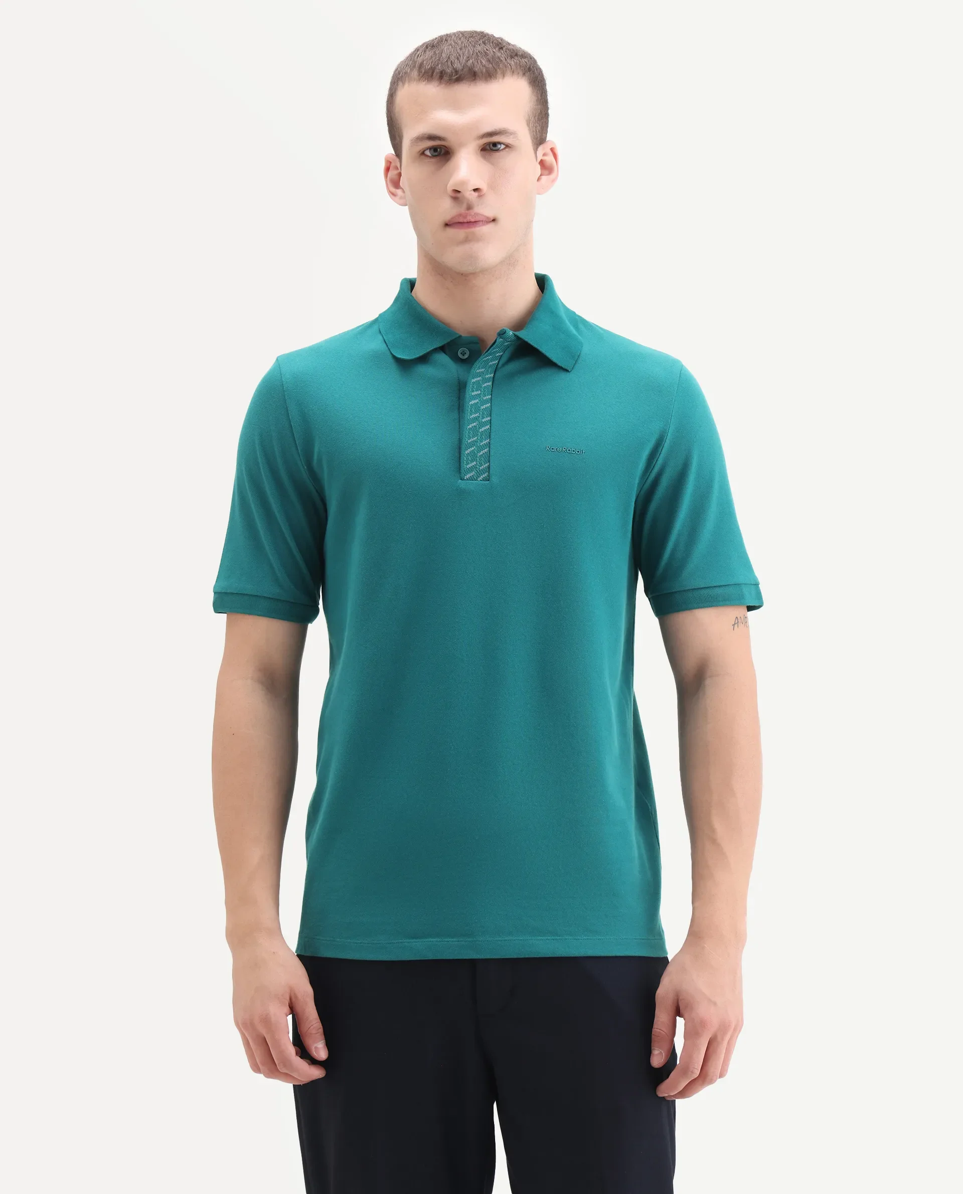 Rare Rabbit Men's Arko Green Cotton Blend Plain Regular Fit Half Sleeve Polo - Image 4