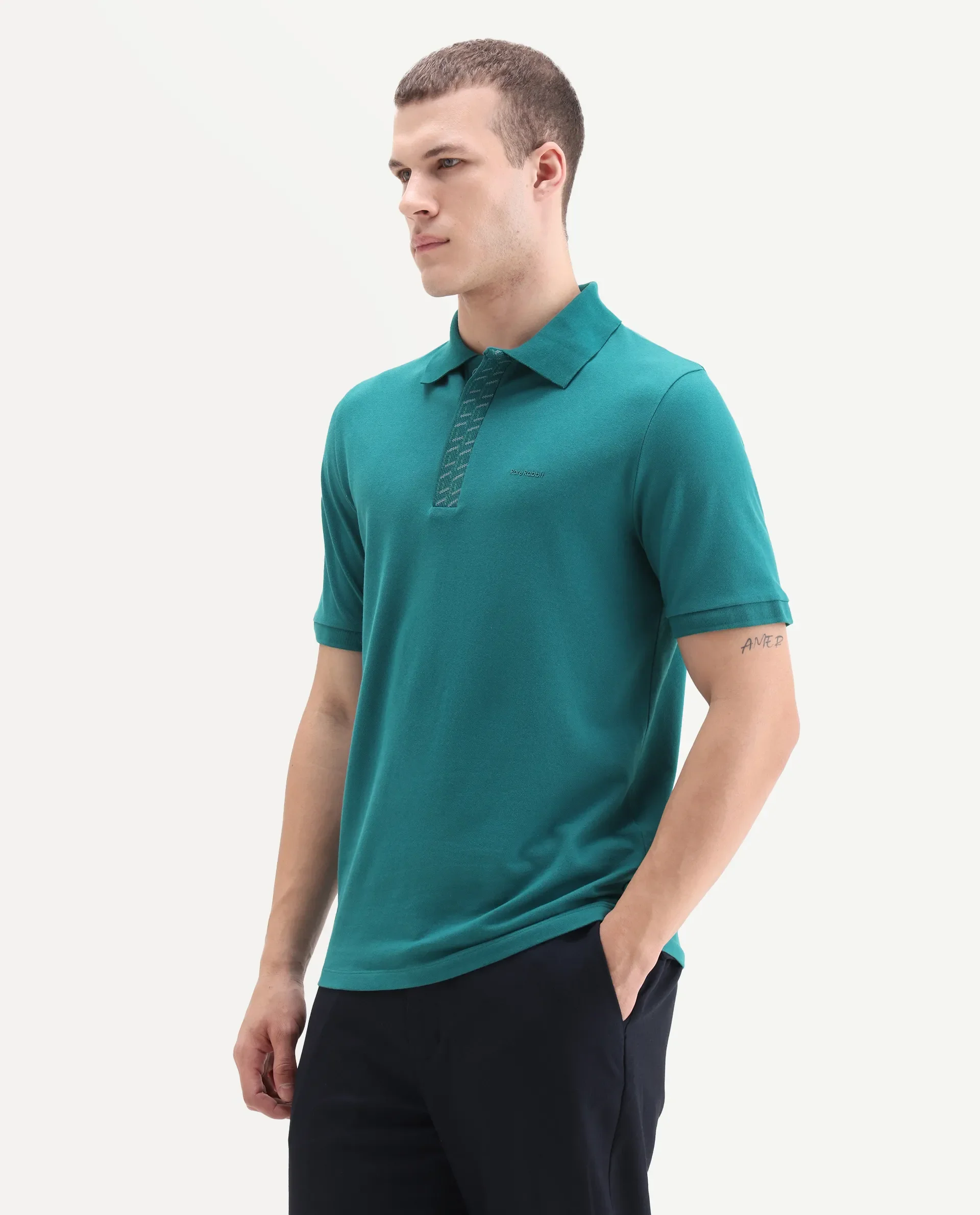 Rare Rabbit Men's Arko Green Cotton Blend Plain Regular Fit Half Sleeve Polo - Image 5