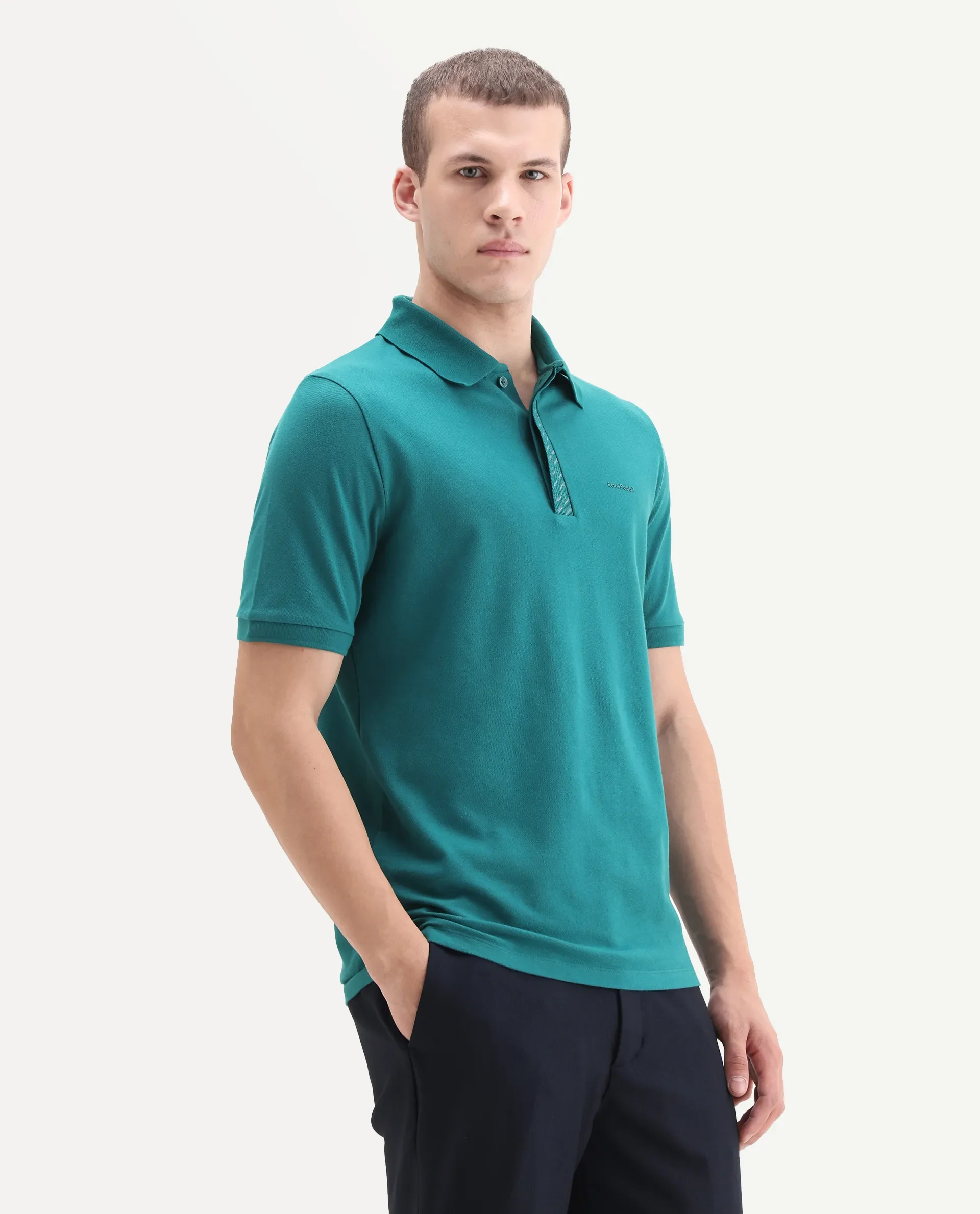 Rare Rabbit Men's Arko Green Cotton Blend Plain Regular Fit Half Sleeve Polo - Image 6