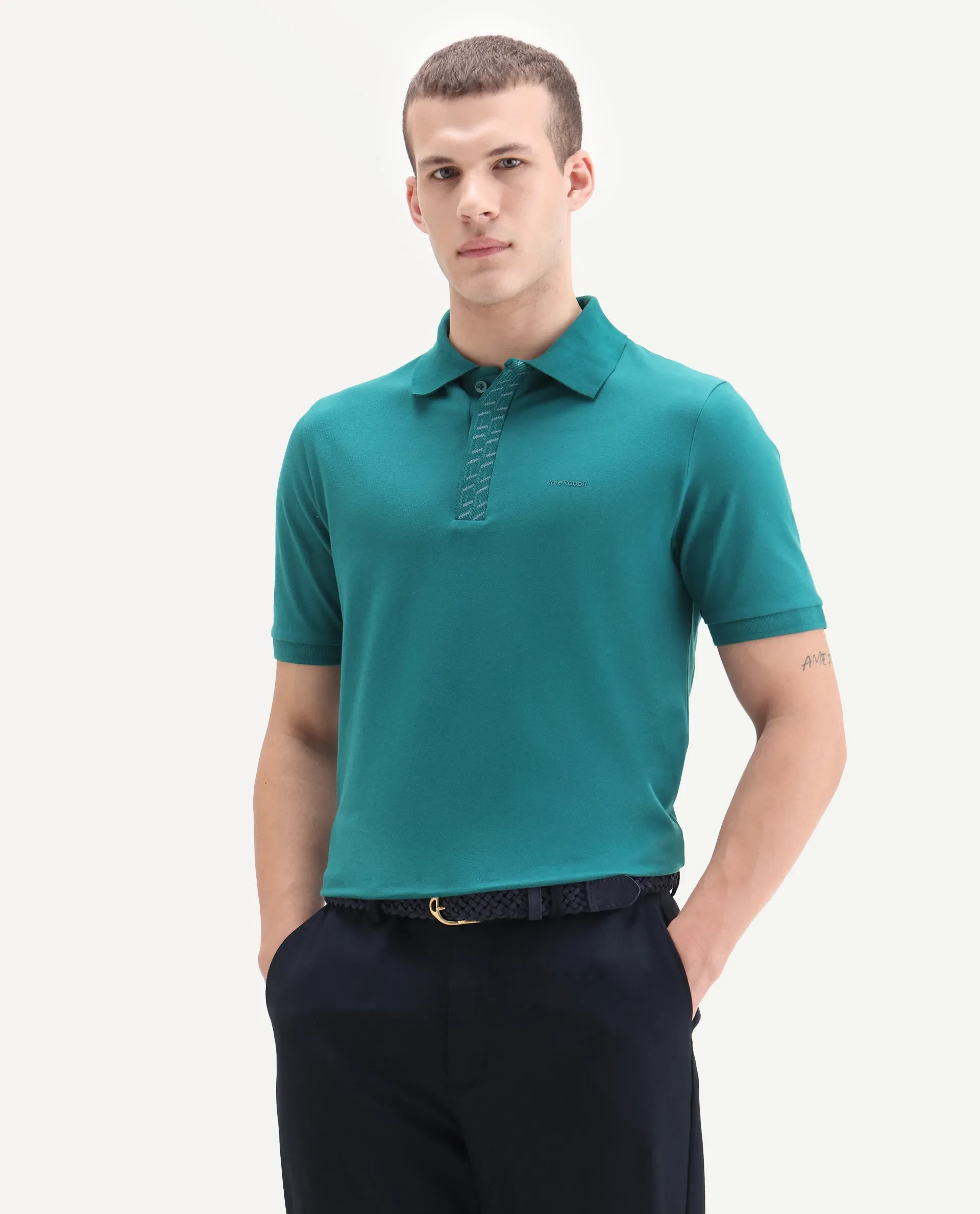 Rare Rabbit Men's Arko Green Cotton Blend Plain Regular Fit Half Sleeve Polo - Image 7