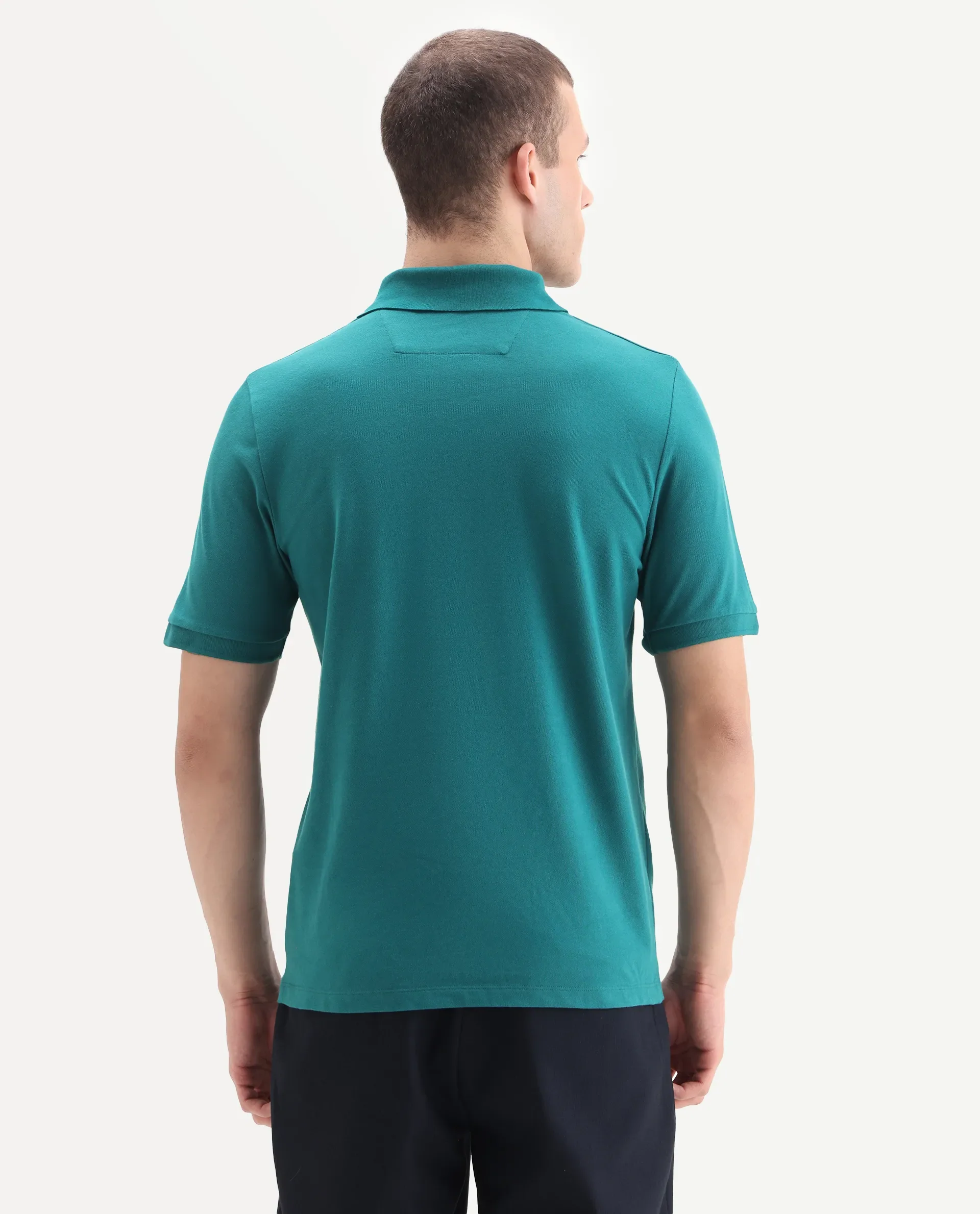 Rare Rabbit Men's Arko Green Cotton Blend Plain Regular Fit Half Sleeve Polo - Image 8