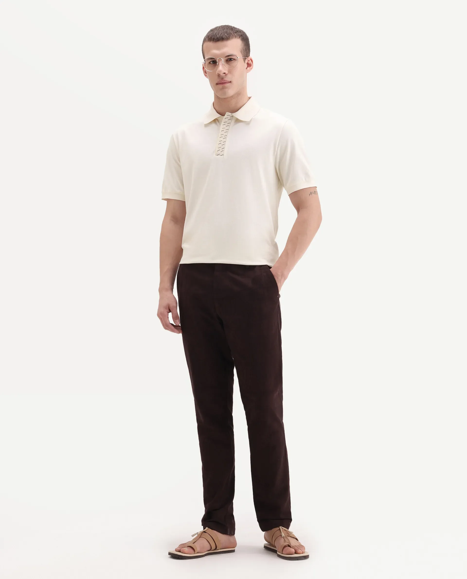 Rare Rabbit Men's Arko Off White Cotton Blend Plain Regular Fit Half Sleeve Polo - Image 2
