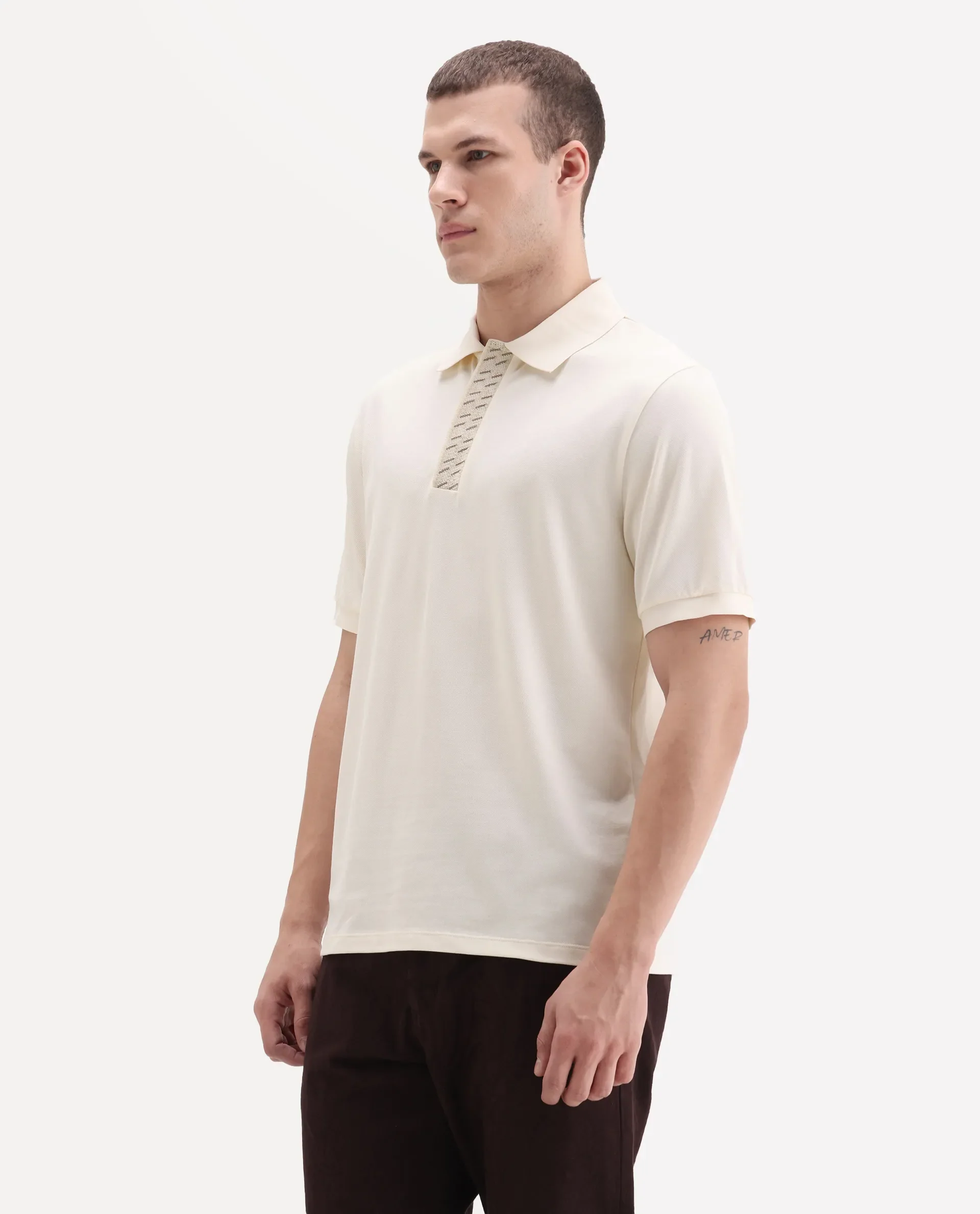 Rare Rabbit Men's Arko Off White Cotton Blend Plain Regular Fit Half Sleeve Polo - Image 4