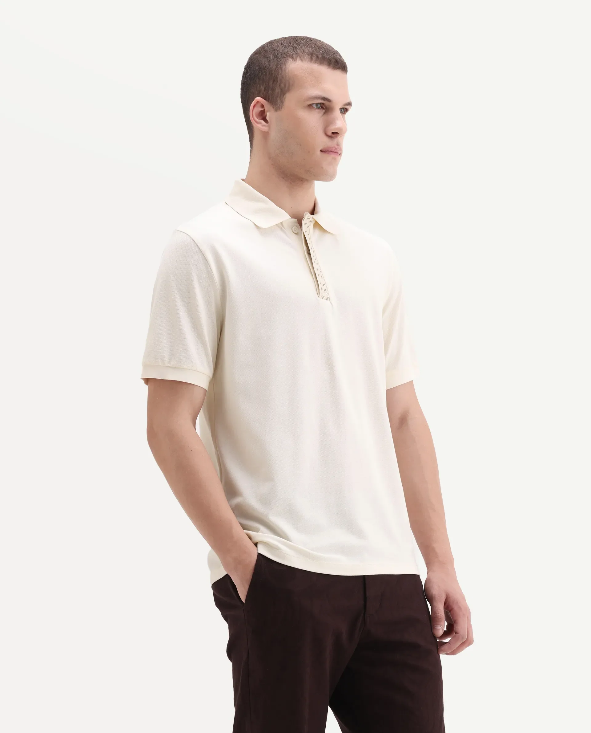 Rare Rabbit Men's Arko Off White Cotton Blend Plain Regular Fit Half Sleeve Polo - Image 5