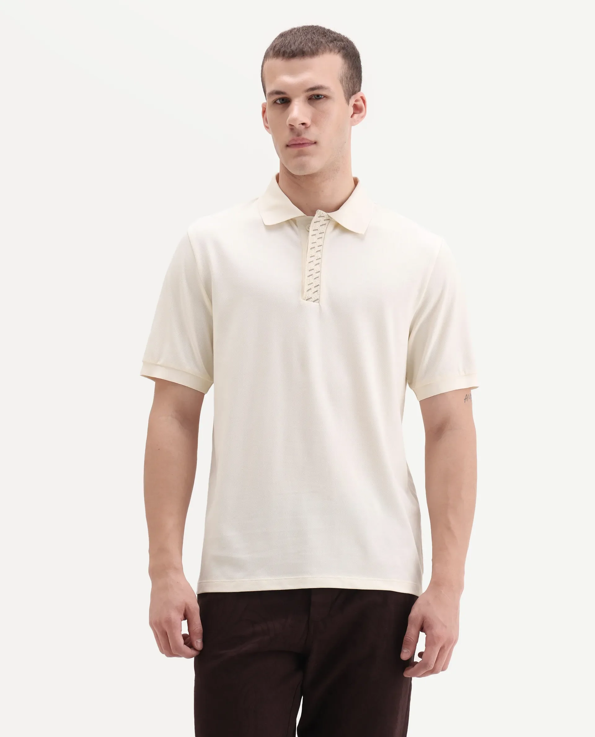 Rare Rabbit Men's Arko Off White Cotton Blend Plain Regular Fit Half Sleeve Polo - Image 6
