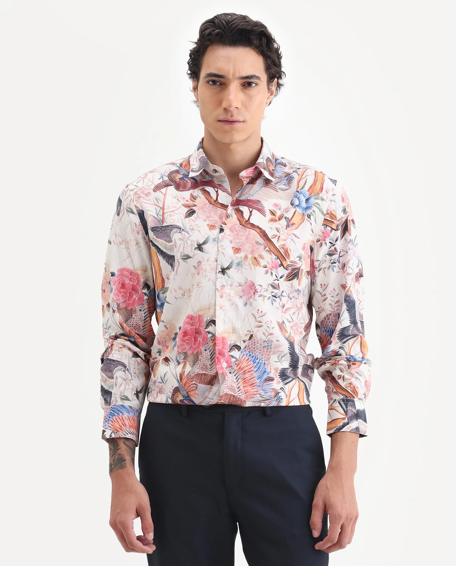 Rare Rabbit Men's Arko Pink Viscose Fabric Collared Neck Regular Abstract Print Shirt - Image 5