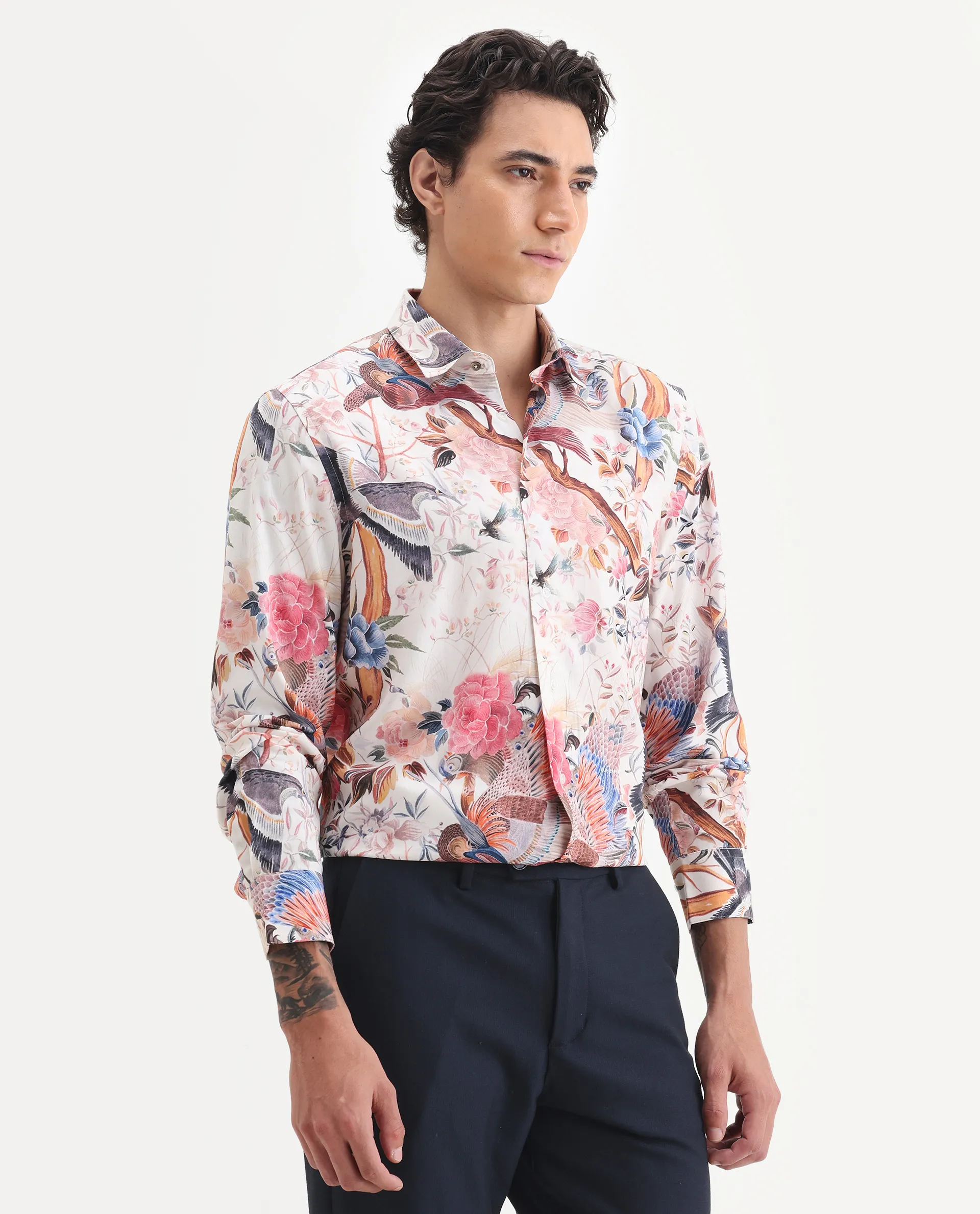 Rare Rabbit Men's Arko Pink Viscose Fabric Collared Neck Regular Abstract Print Shirt - Image 6