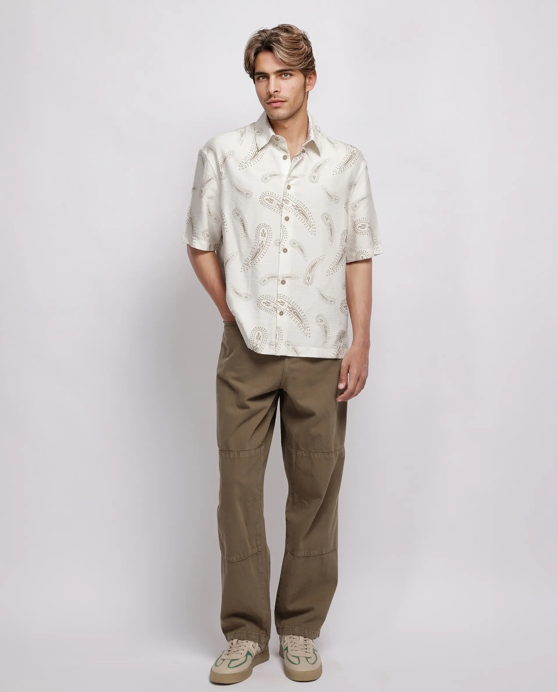 Rare Rabbit Men's Arkora Off White Cotton Paisley Print Regular Fit Half Sleeve Collared Shirt - Image 2